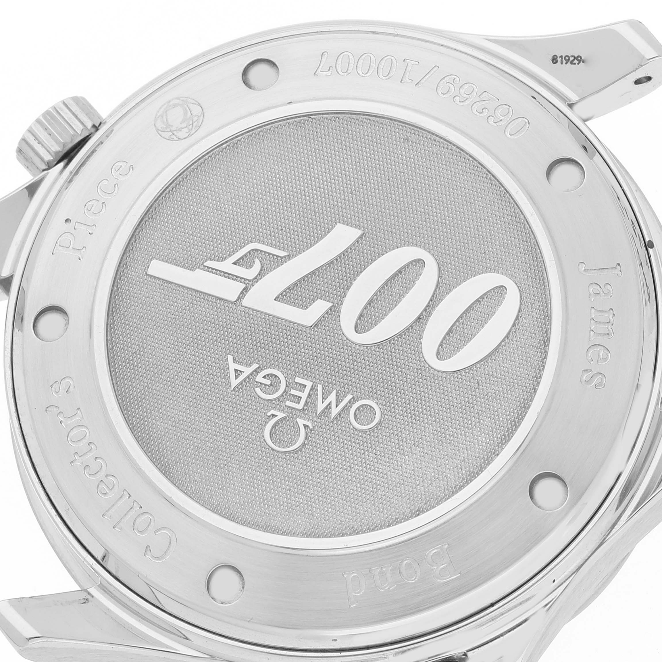 The image shows the case back of an Omega Seamaster 212.30.41.20.01.001 Men's Stainless Steel Black Dial 212.30.41.20.01.001 Men's Stainless Steel Black Dial watch, showcasing text and design elements like the "007" and "James Bond" inscriptions.