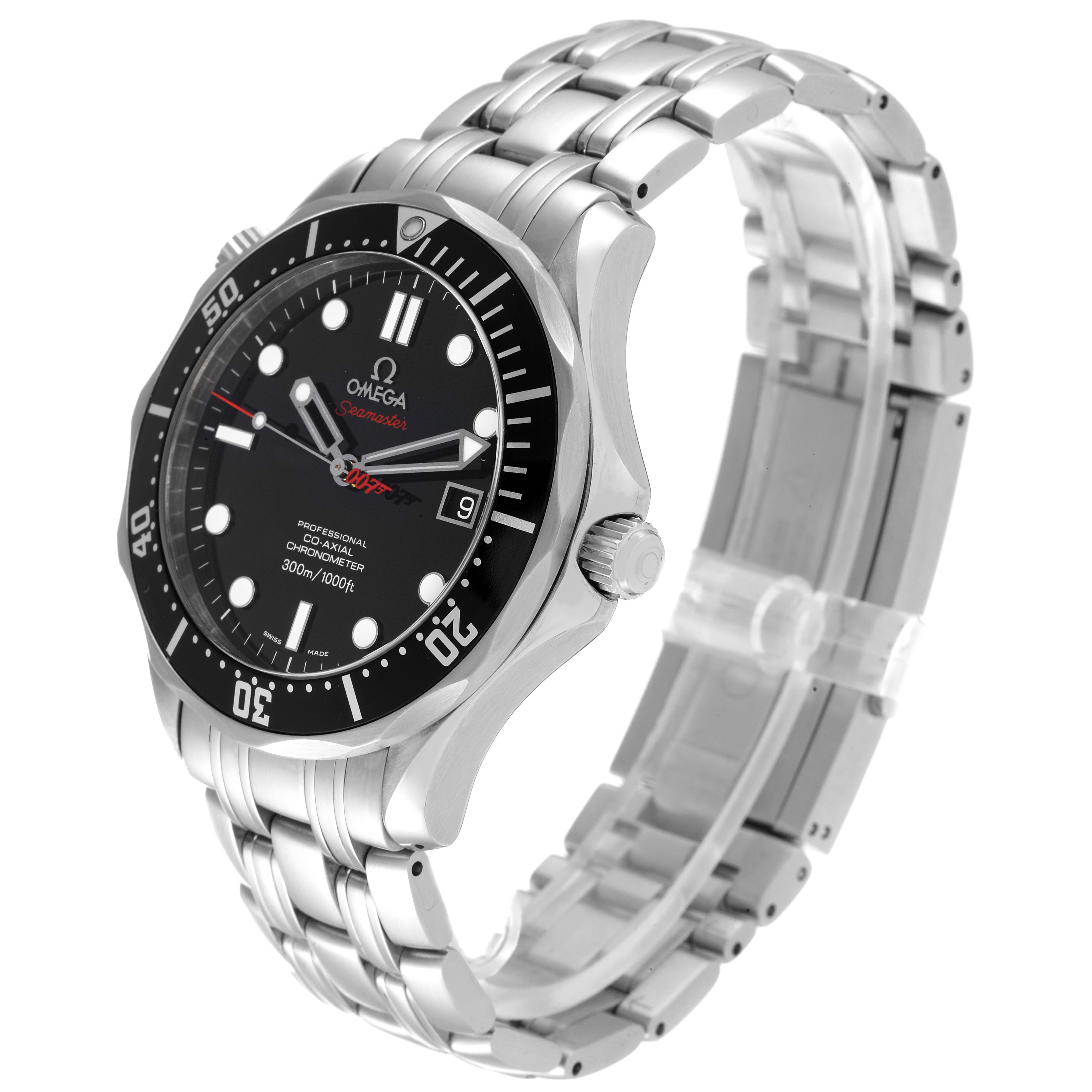 The image shows a side and front oblique view of the Omega Seamaster 212.30.41.20.01.001 Men's Stainless Steel Black Dial 212.30.41.20.01.001 Men's Stainless Steel Black Dial watch, highlighting the face, bezel, crown, and bracelet.