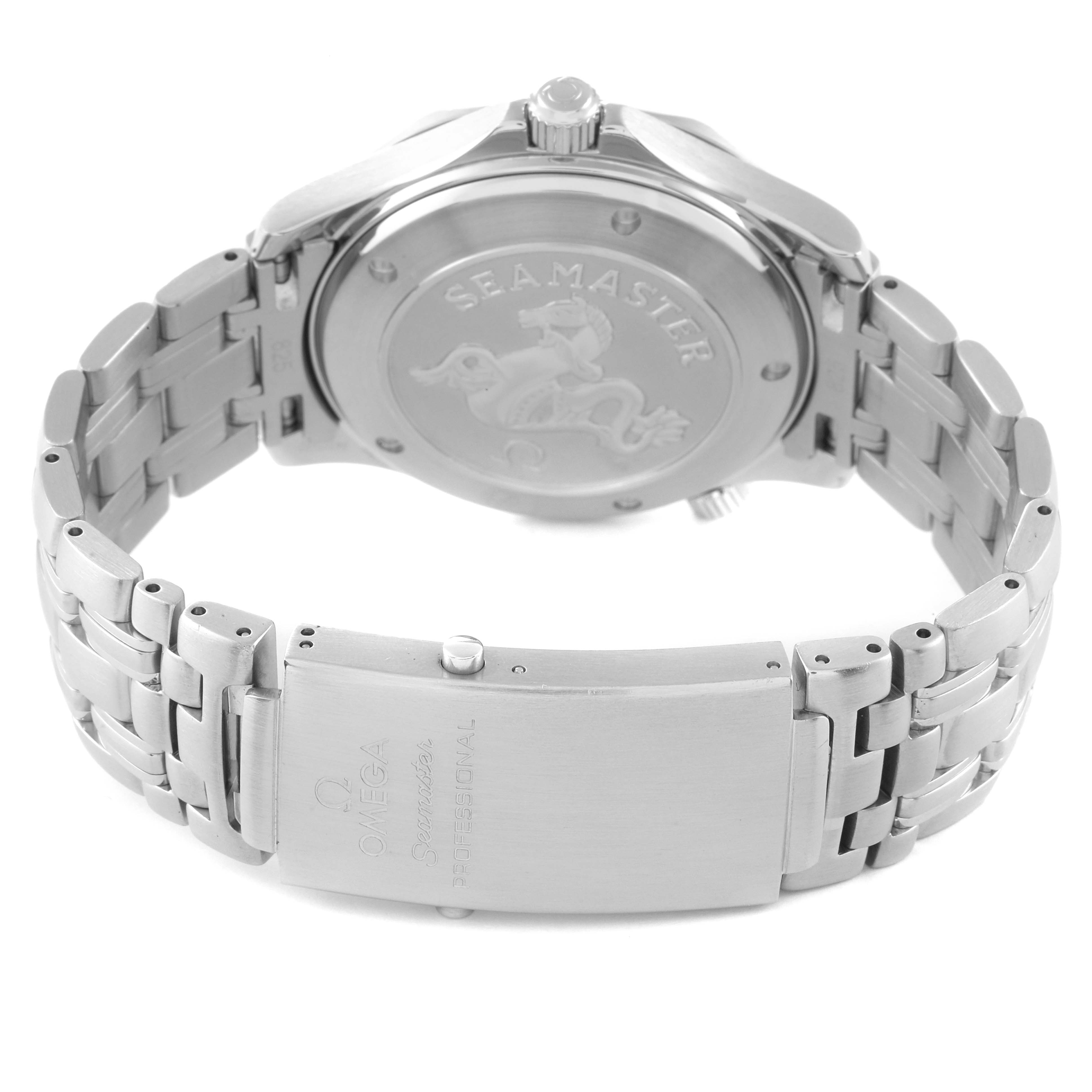 The image shows the back of an Omega Seamaster 2220.80.00 Men's Stainless Steel Blue Dial 2220.80.00 Men's Stainless Steel Blue Dial watch, highlighting the case back and metal bracelet with the clasp.