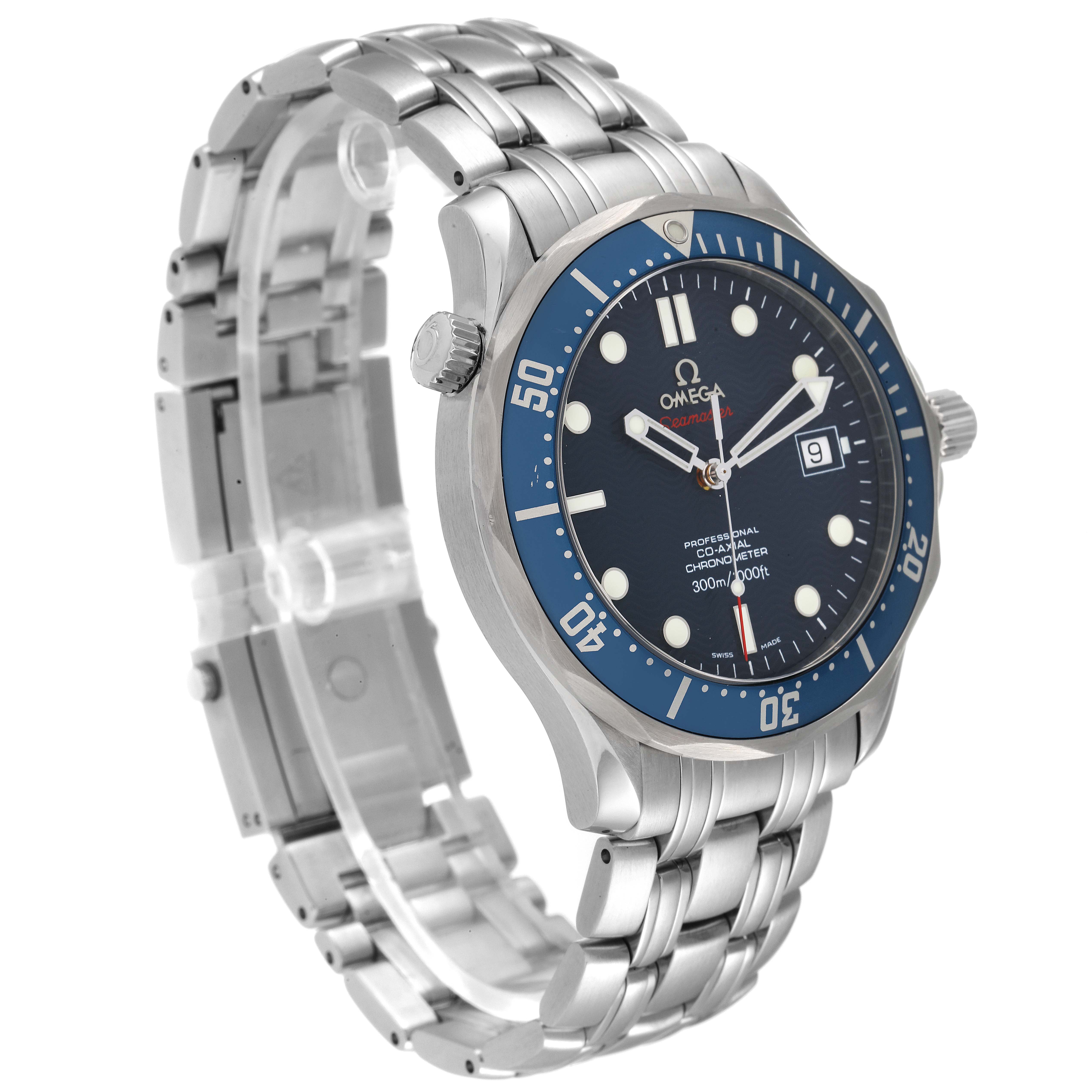 The image shows an angled side view of an Omega Seamaster 2220.80.00 Men's Stainless Steel Blue Dial 2220.80.00 Men's Stainless Steel Blue Dial watch, highlighting its dial, bezel, wristband, and side crown.