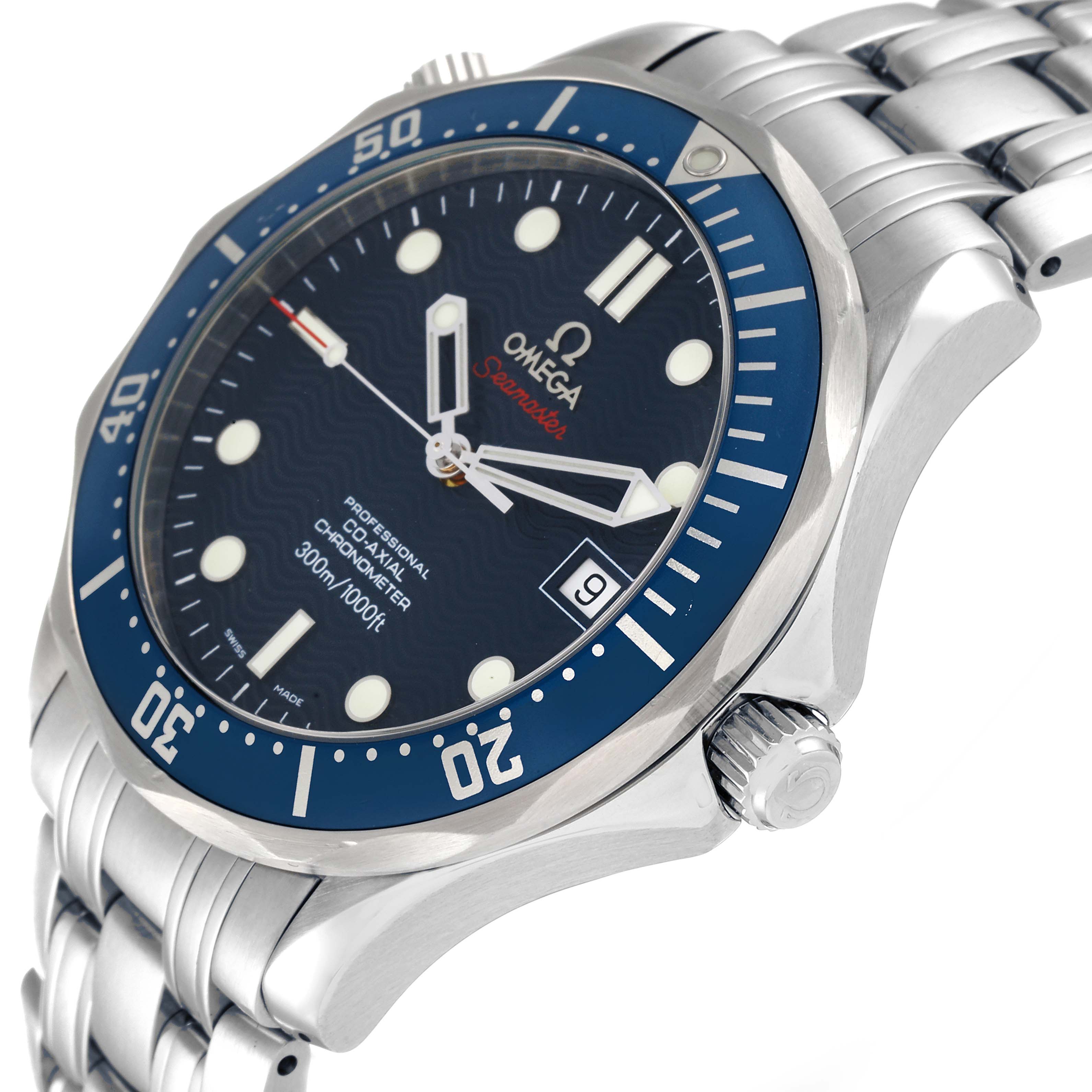 The image shows an angled view of the Omega Seamaster 2220.80.00 Men's Stainless Steel Blue Dial 2220.80.00 Men's Stainless Steel Blue Dial watch, highlighting the face, crown, and part of the metal bracelet.