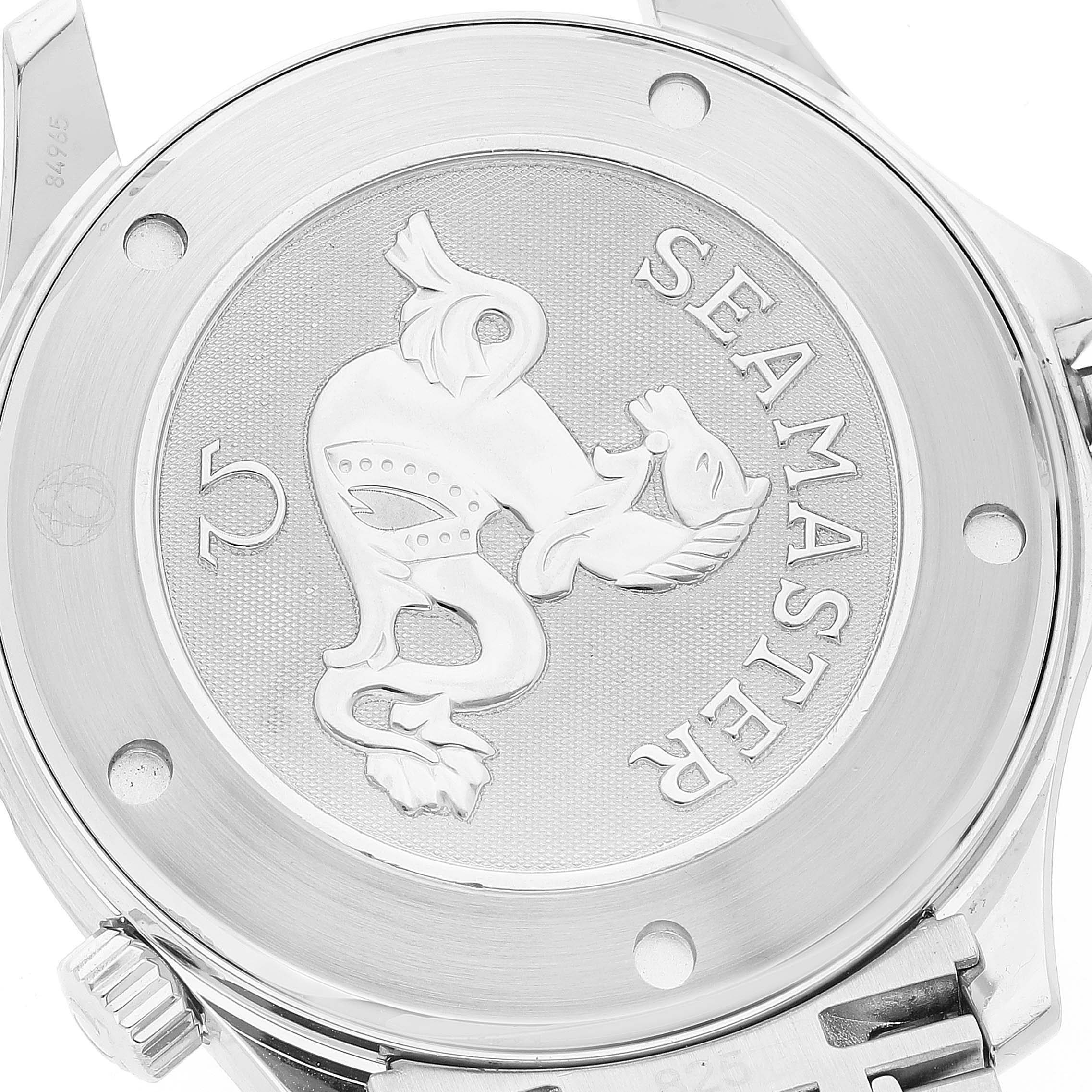 This image shows the back case of an Omega Seamaster 2220.80.00 Men's Stainless Steel Blue Dial 2220.80.00 Men's Stainless Steel Blue Dial watch, featuring an engraved emblem and the "SEAMASTER" text.