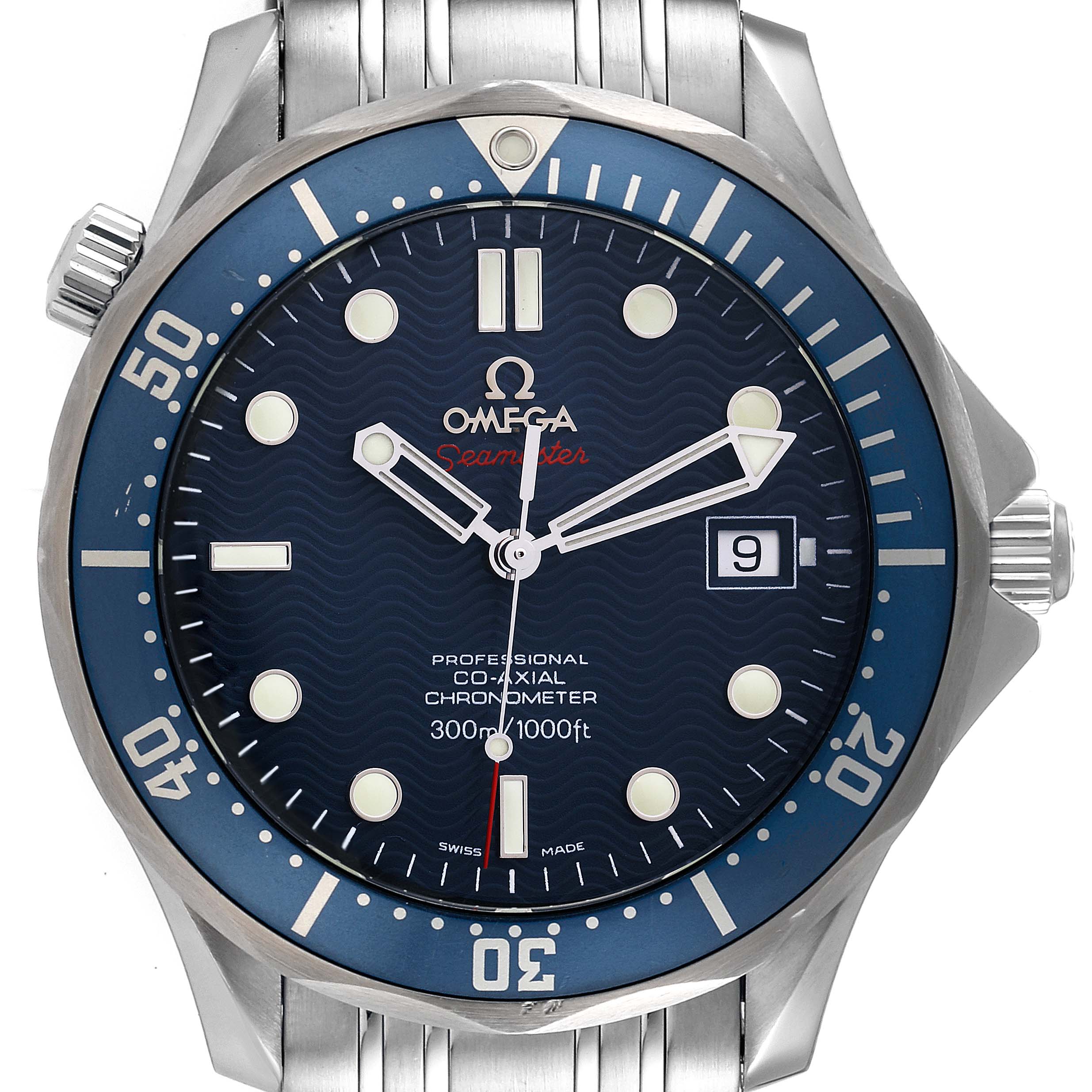 The image shows the front view of an Omega Seamaster 2220.80.00 Men's Stainless Steel Blue Dial 2220.80.00 Men's Stainless Steel Blue Dial watch, highlighting the dial, bezel, and part of the stainless steel bracelet.