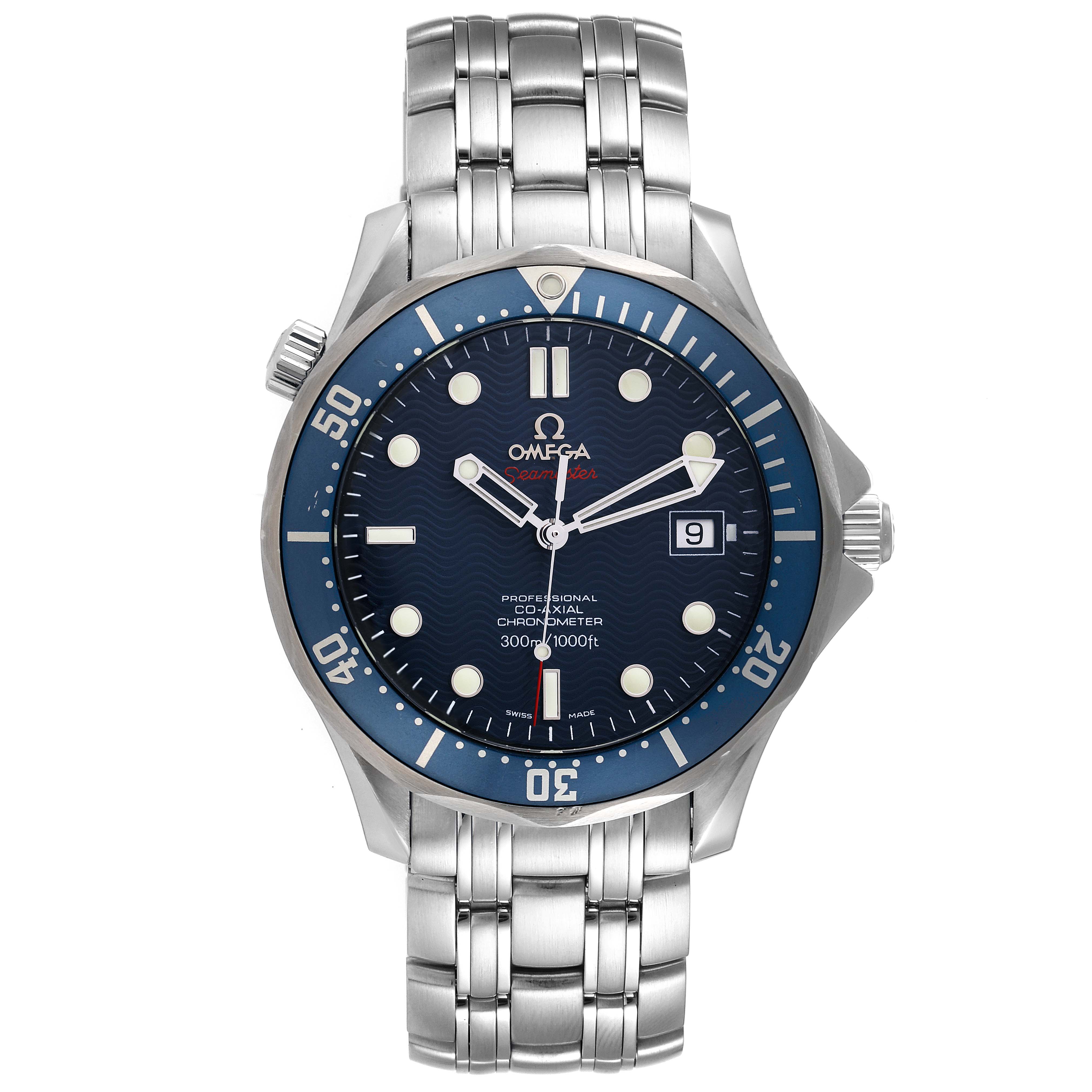 The image shows a front view of the Omega Seamaster 2220.80.00 Men's Stainless Steel Blue Dial 2220.80.00 Men's Stainless Steel Blue Dial watch, featuring its blue dial, bezel, and metal bracelet.