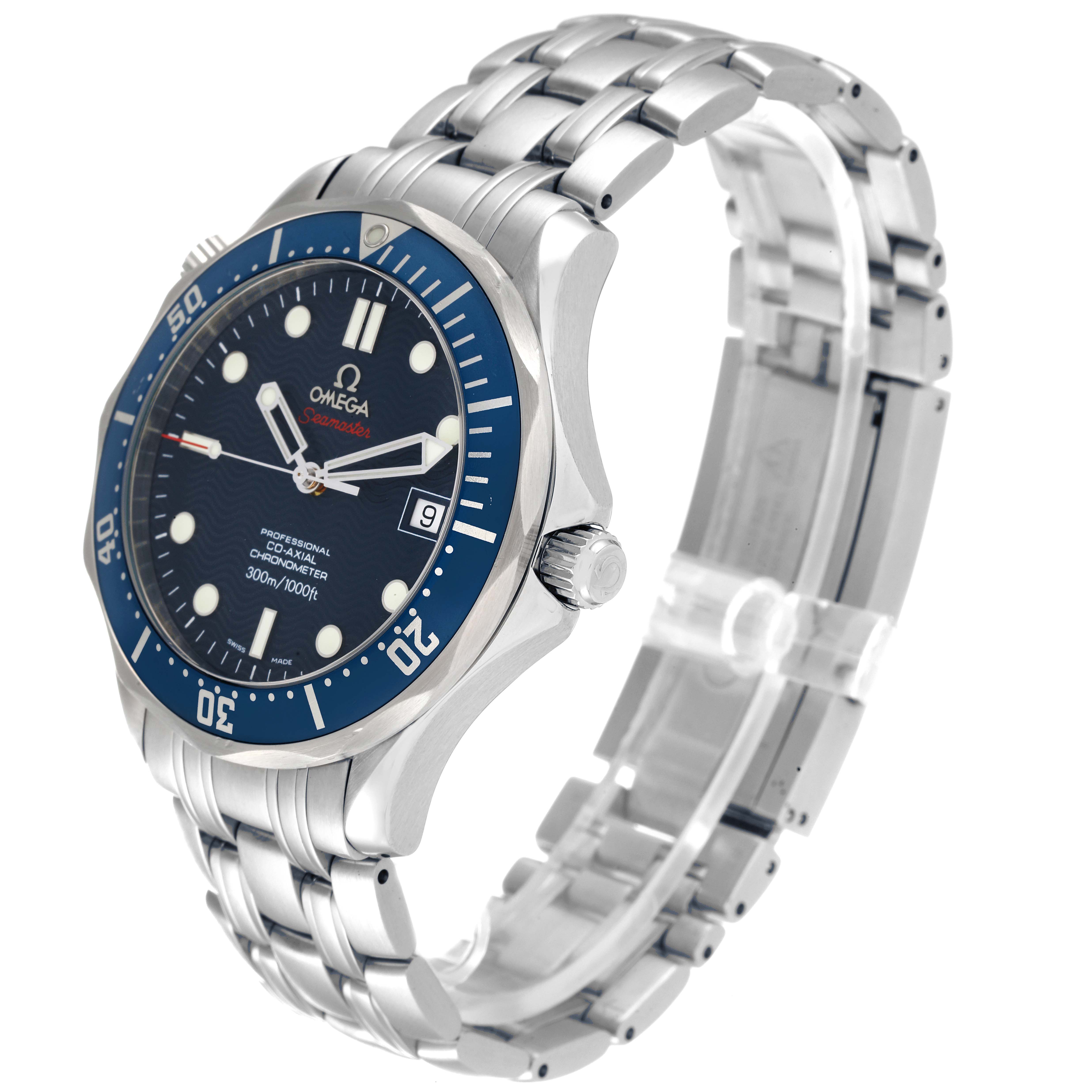 The Omega Seamaster 2220.80.00 Men's Stainless Steel Blue Dial 2220.80.00 Men's Stainless Steel Blue Dial watch is shown at an angle displaying the face, bezel, crown, and metal bracelet.