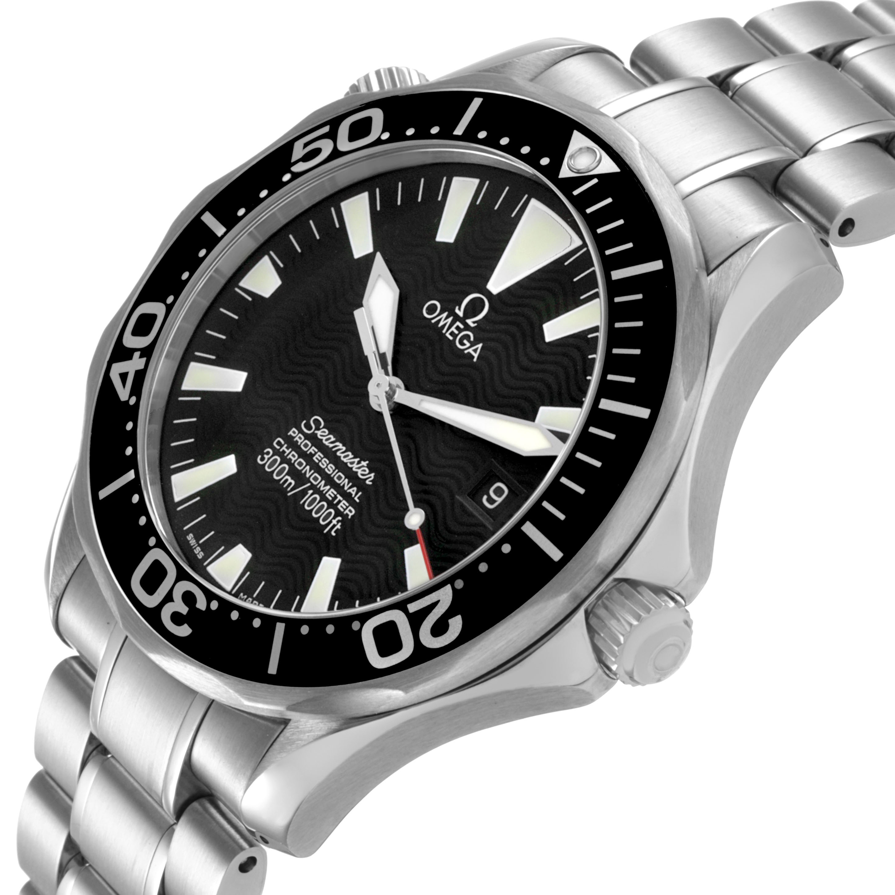 The Omega Seamaster 2254.50.00 Men's Stainless Steel Black Dial watch is shown at an angled side view, highlighting the bezel, bracelet, and crown.