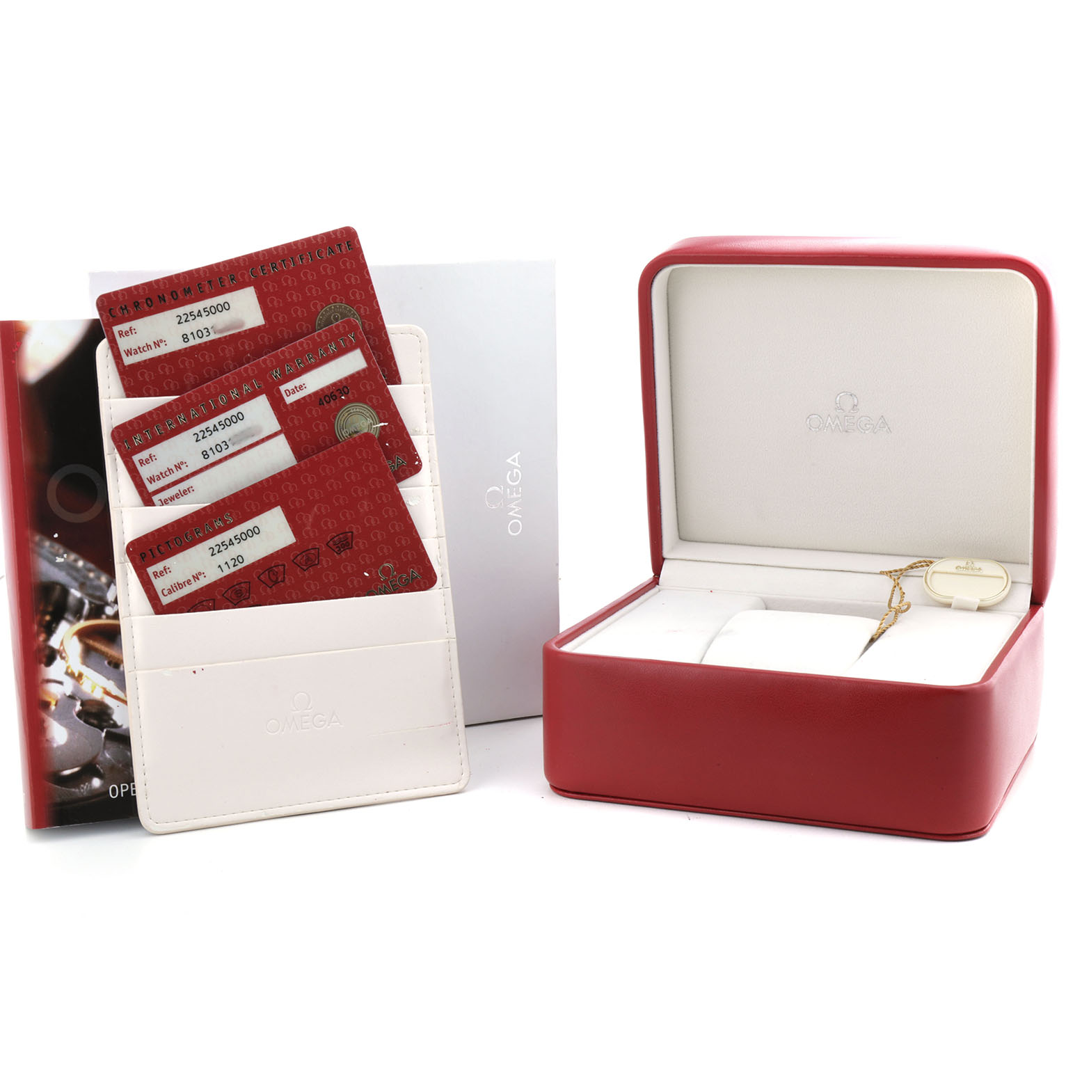 The image shows an Omega Seamaster 2254.50.00 Men's Stainless Steel Black Dial presentation box, cards, and a booklet at an angle highlighting the brand's packaging and documents.