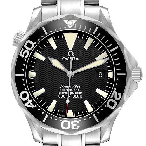 The Omega Seamaster 2254.50.00 Men's Stainless Steel Black Dial watch is shown from the front, displaying the dial, bezel, bracelet, and crown.