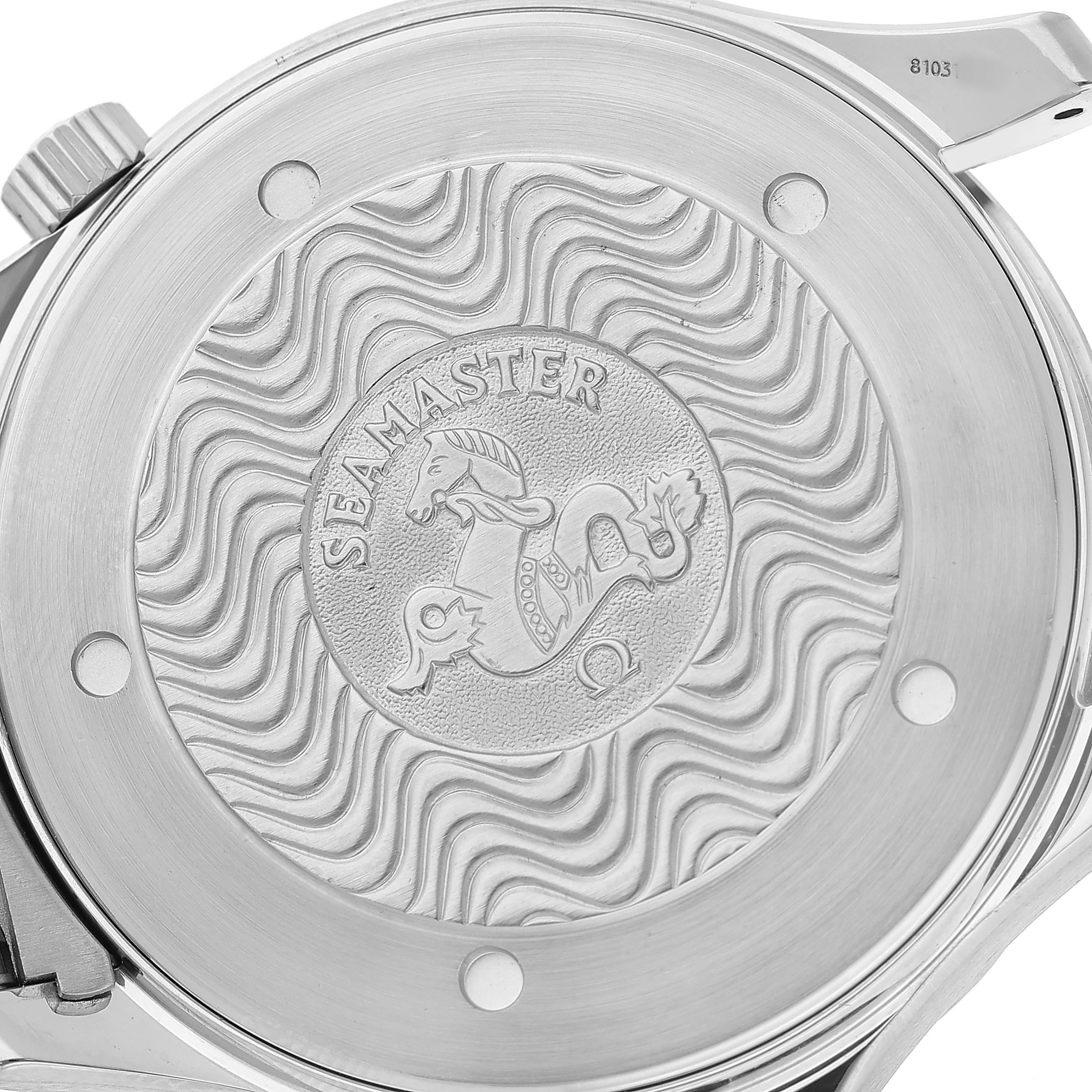 The image shows the case back of an Omega Seamaster 2254.50.00 Men's Stainless Steel Black Dial model, featuring the engraved logo and wave pattern.