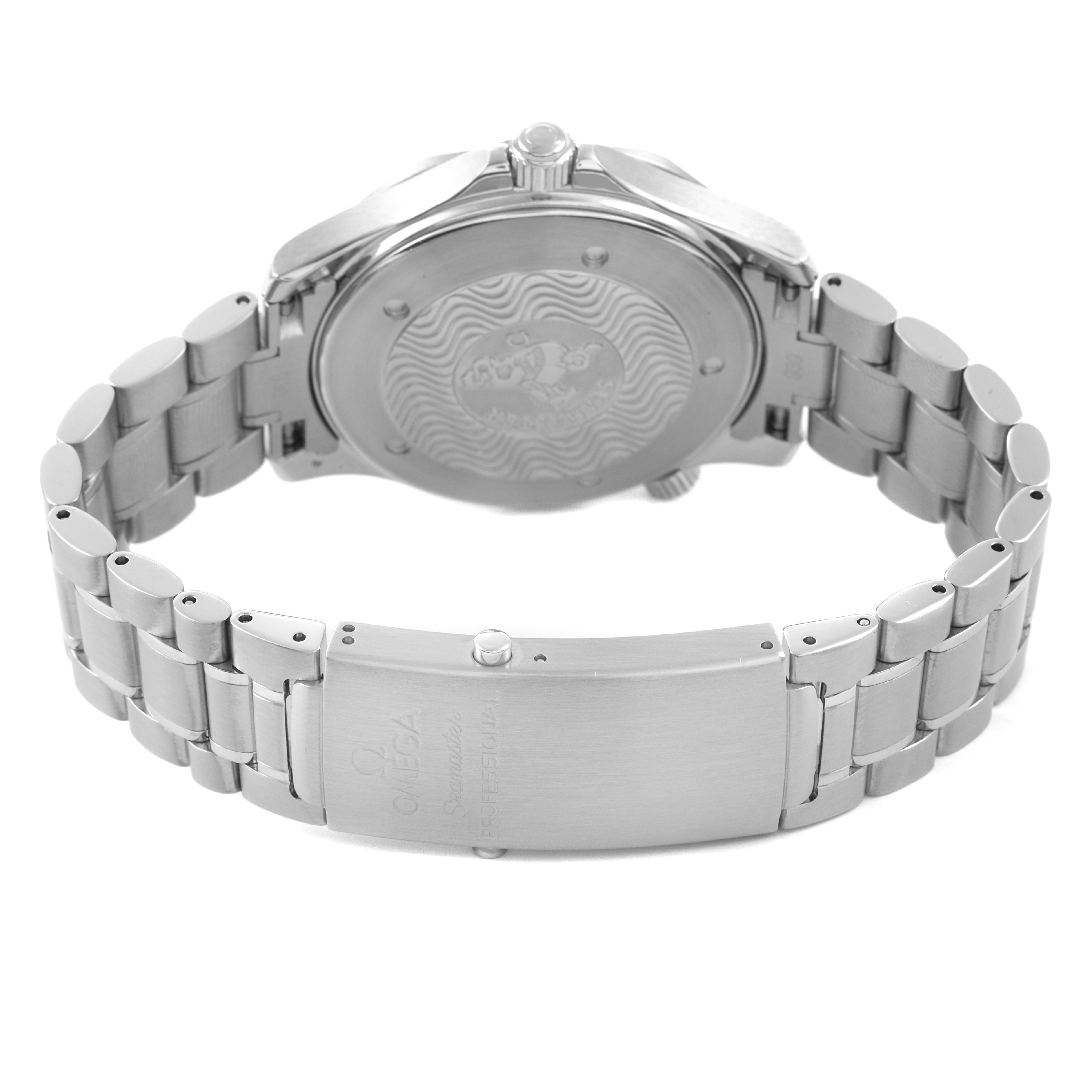 The image shows an Omega Seamaster 2254.50.00 Men's Stainless Steel Black Dial watch from the back, highlighting the caseback and metal bracelet with clasp.
