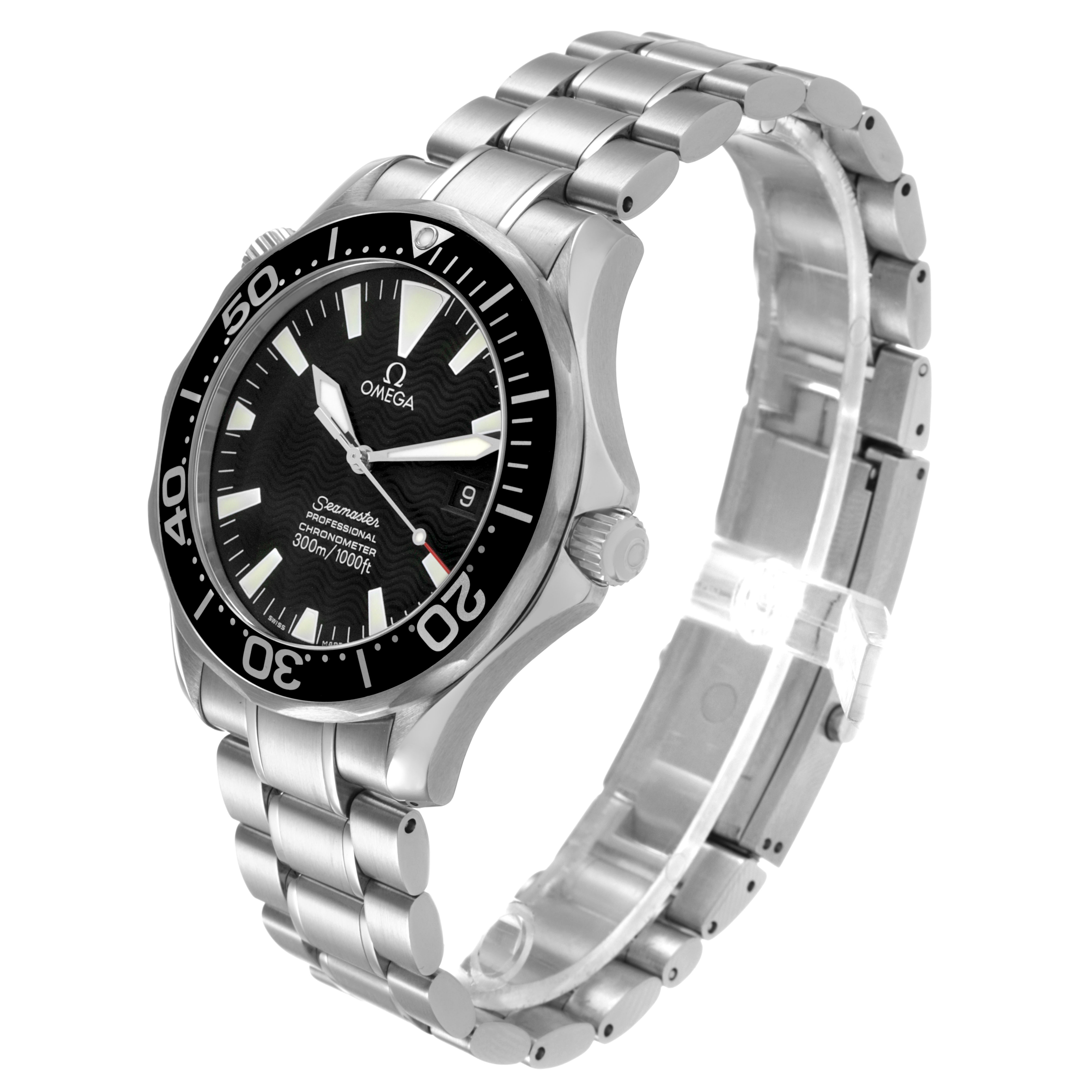 The image shows an angled side view of an Omega Seamaster 2254.50.00 Men's Stainless Steel Black Dial watch, highlighting the bezel, dial, crown, and bracelet.
