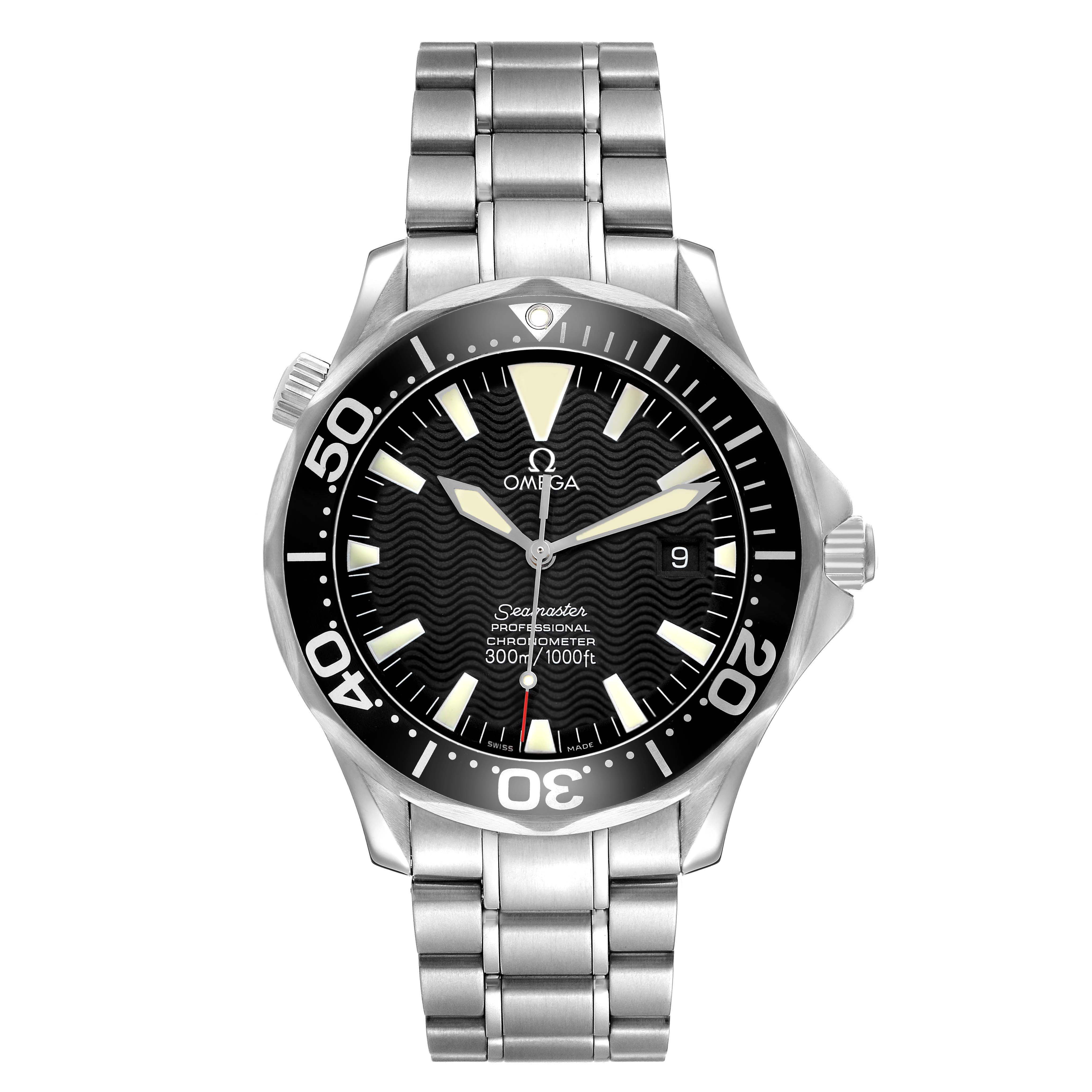 The Omega Seamaster 2254.50.00 Men's Stainless Steel Black Dial watch is shown from the front, displaying its face, bezel, and stainless steel bracelet.