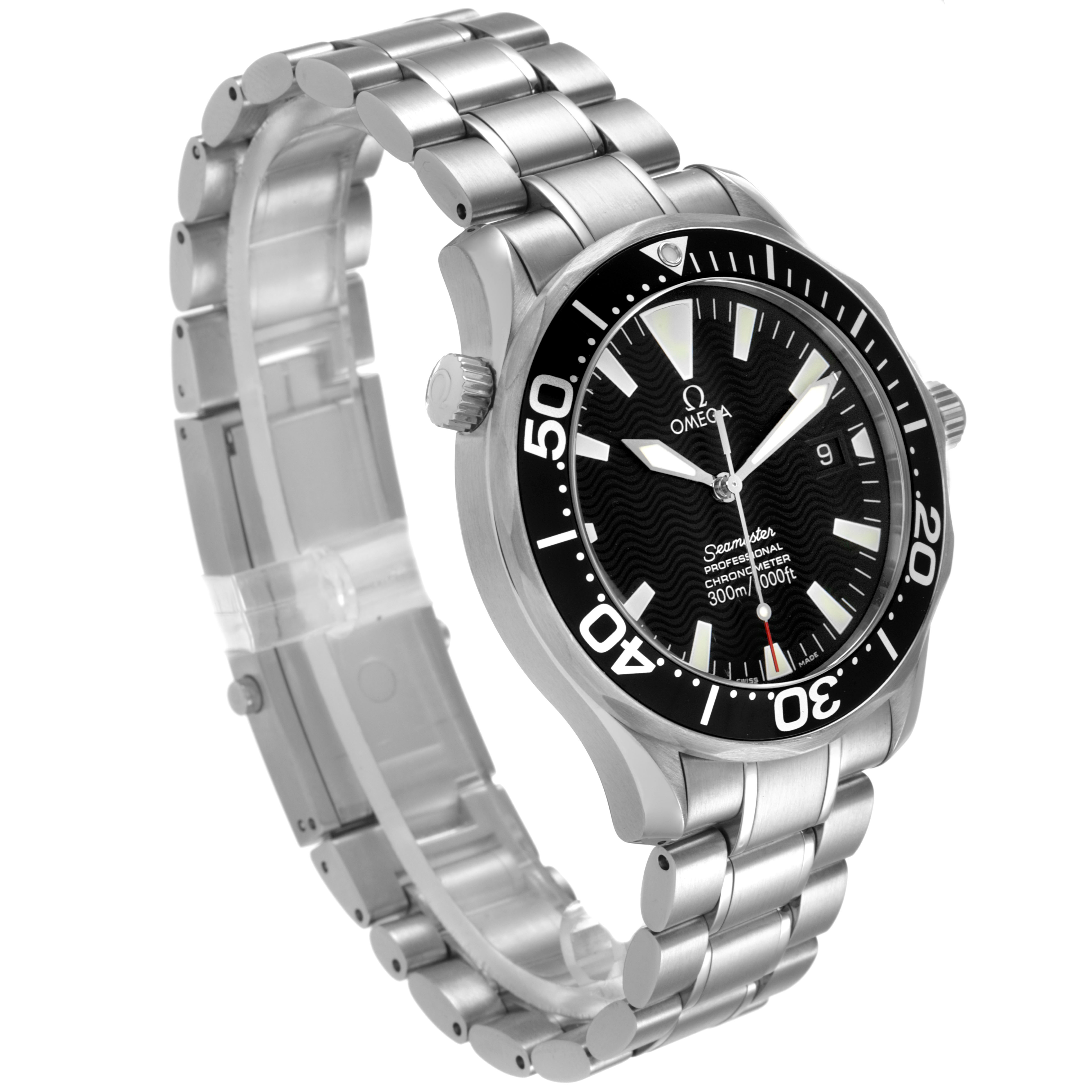 The Omega Seamaster 2254.50.00 Men's Stainless Steel Black Dial watch is shown at a slight angle, displaying the face, bezel, crown, and stainless steel bracelet.