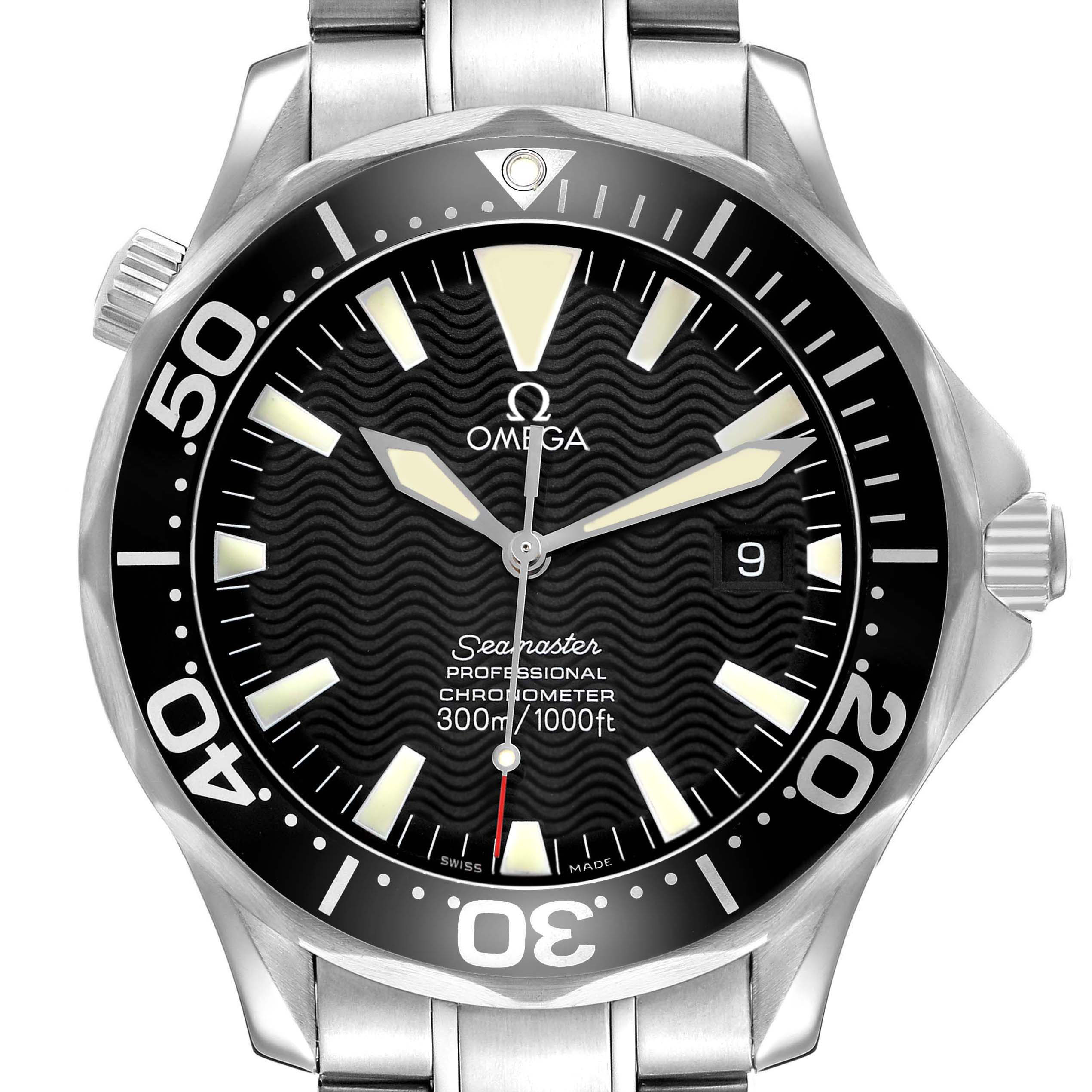 This image shows a frontal view of the Omega Seamaster 2254.50.00 Men's Stainless Steel Black Dial watch, highlighting the dial, bezel, and stainless steel bracelet.