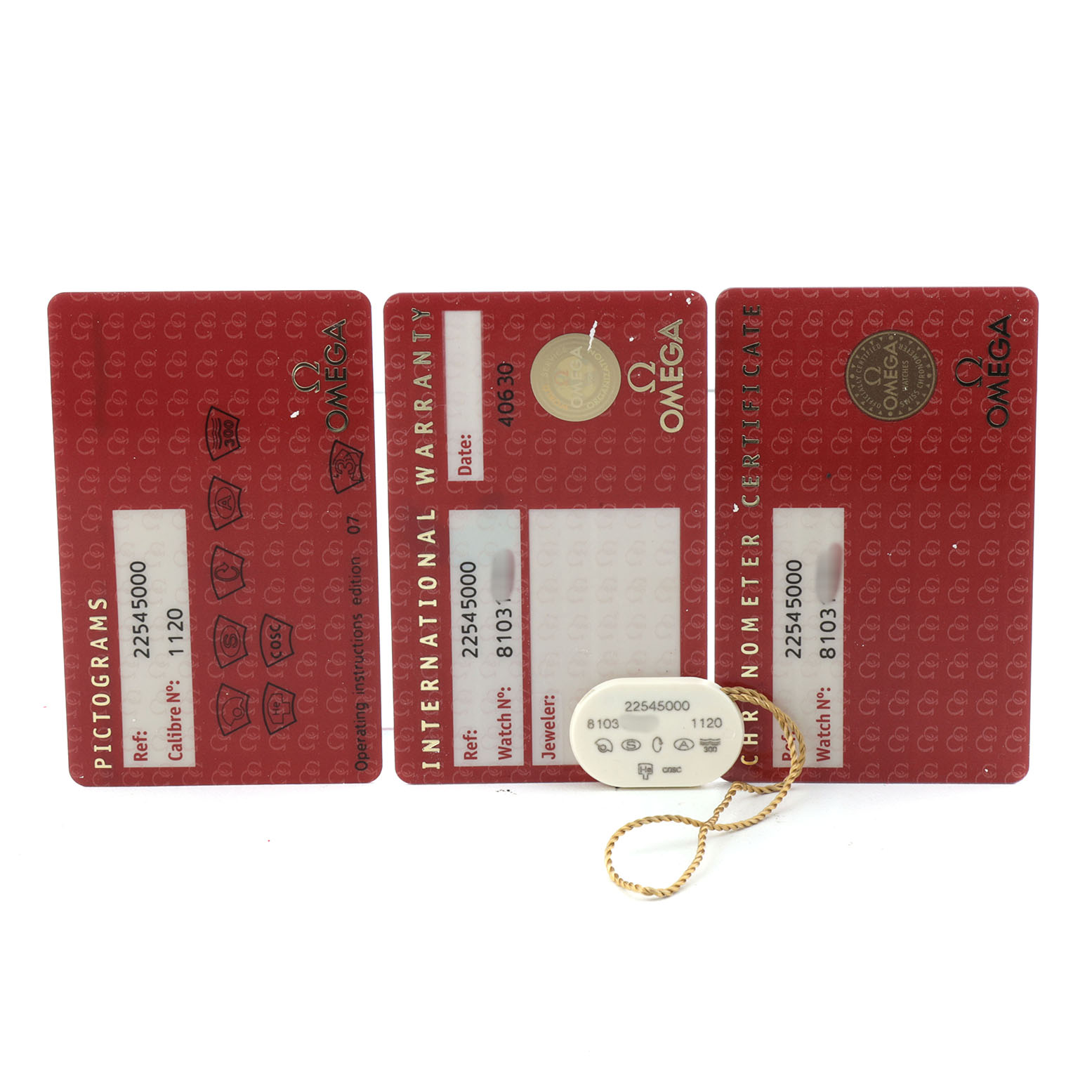 The image shows warranty and certification cards for the Omega Seamaster 2254.50.00 Men's Stainless Steel Black Dial watch, along with a tag and serial details.