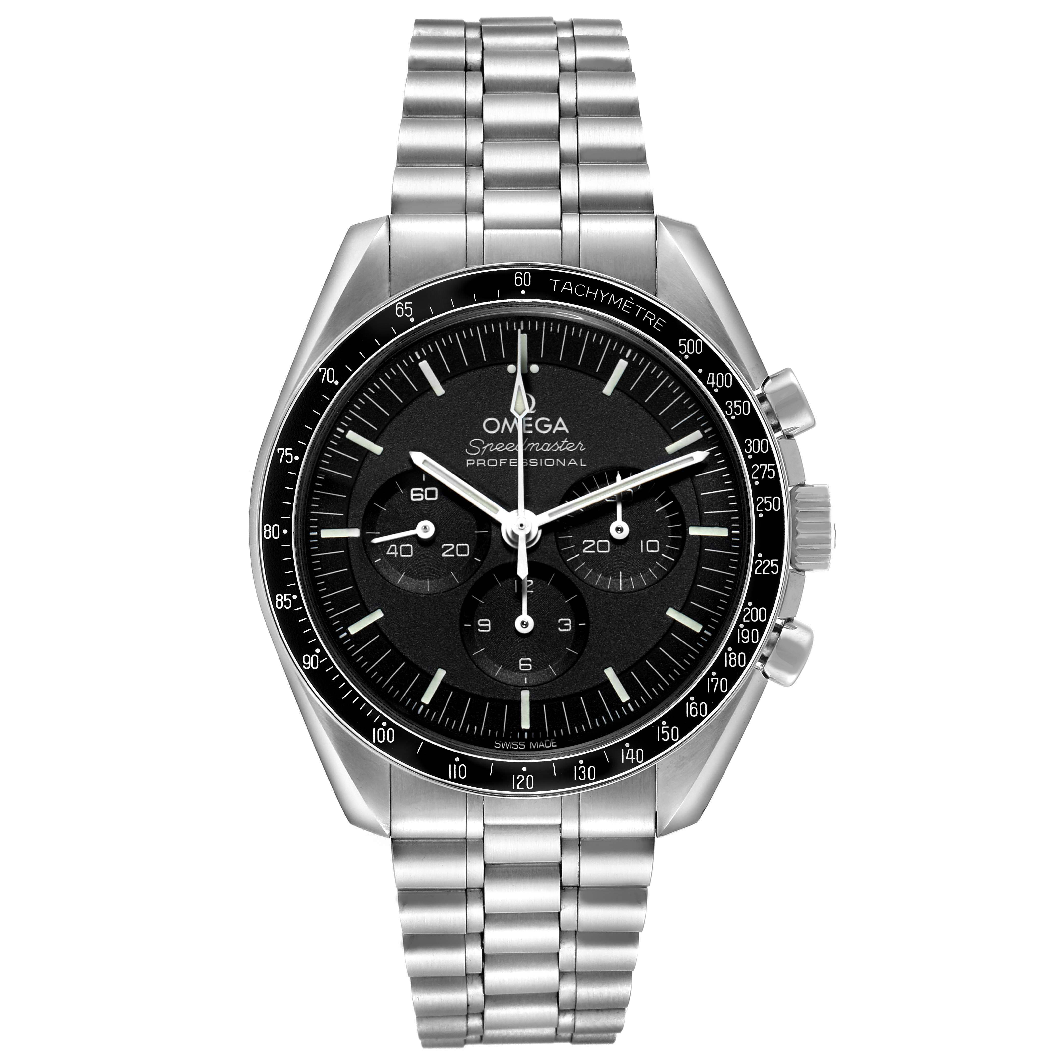 The Omega Speedmaster 310.30.42.50.01.001 Men's Stainless Steel Black Dial watch is shown from a front view, highlighting the dial, bezel, and bracelet.