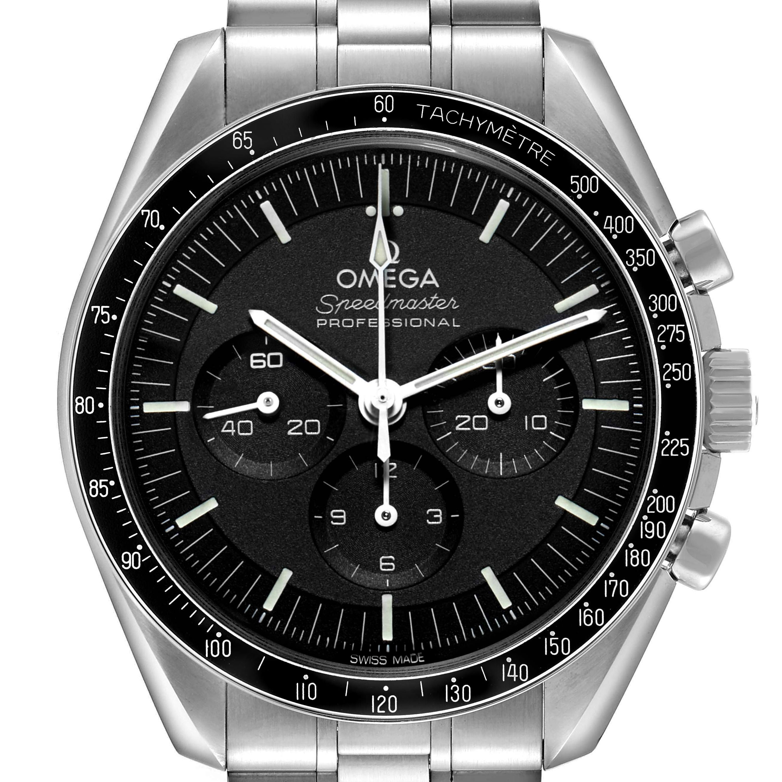 The Omega Speedmaster 310.30.42.50.01.001 Men's Stainless Steel Black Dial watch is shown from the front, highlighting the dial, bezel, and chronograph subdials.