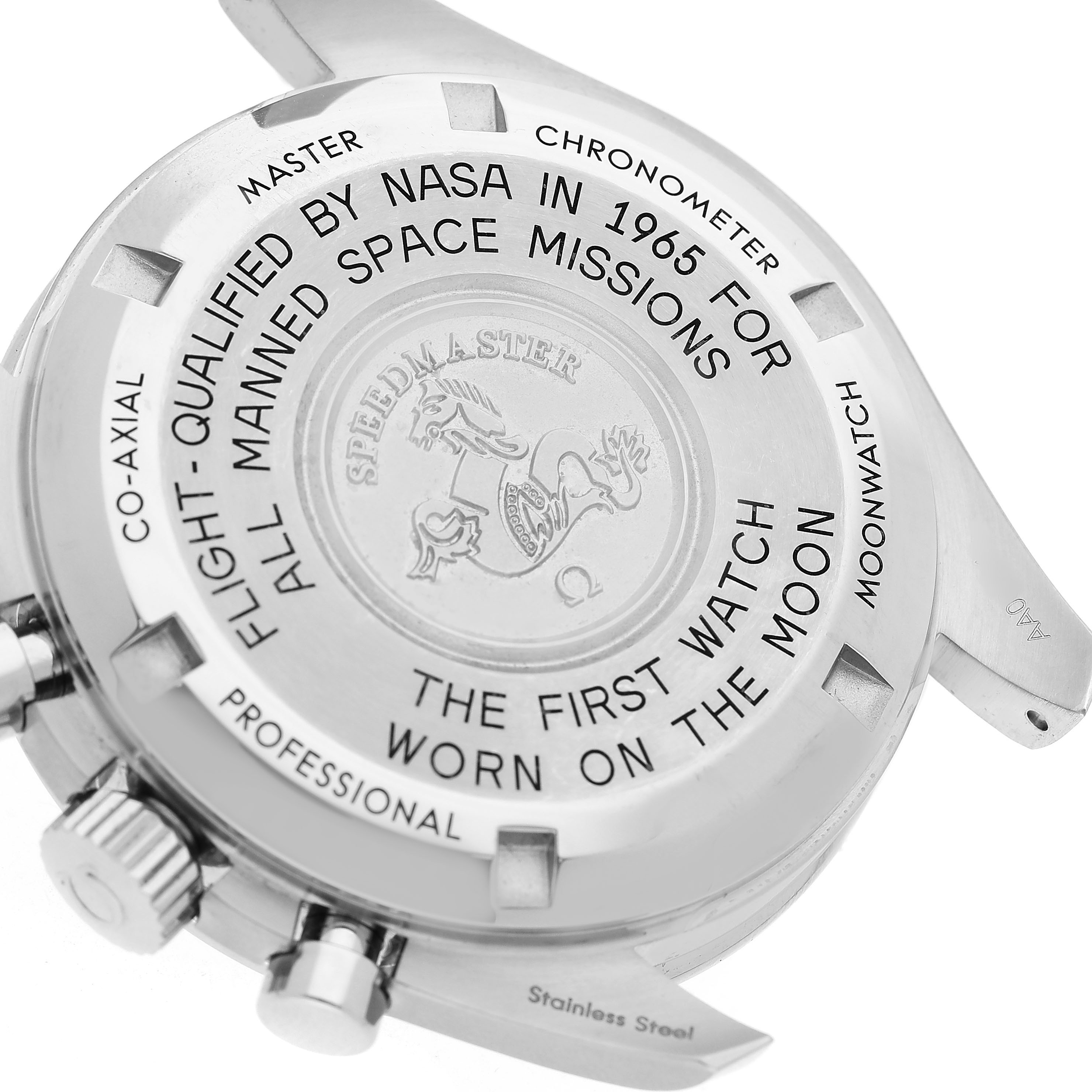The image shows the case back of the Omega Speedmaster 310.30.42.50.01.001 Men's Stainless Steel Black Dial, featuring engraved text and logos.