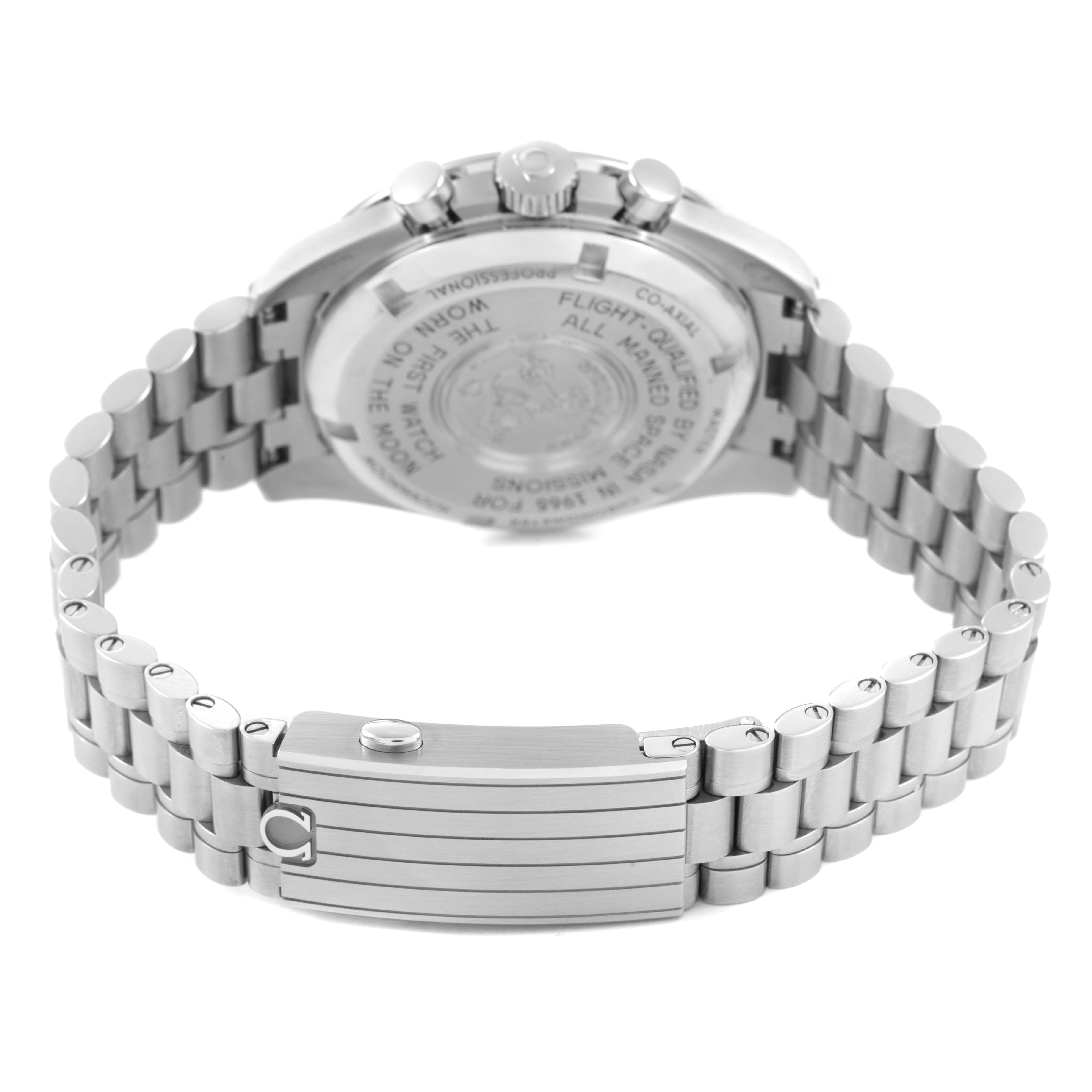 The image shows the back and bracelet of an Omega Speedmaster 310.30.42.50.01.001 Men's Stainless Steel Black Dial watch, highlighting the clasp and case back details.
