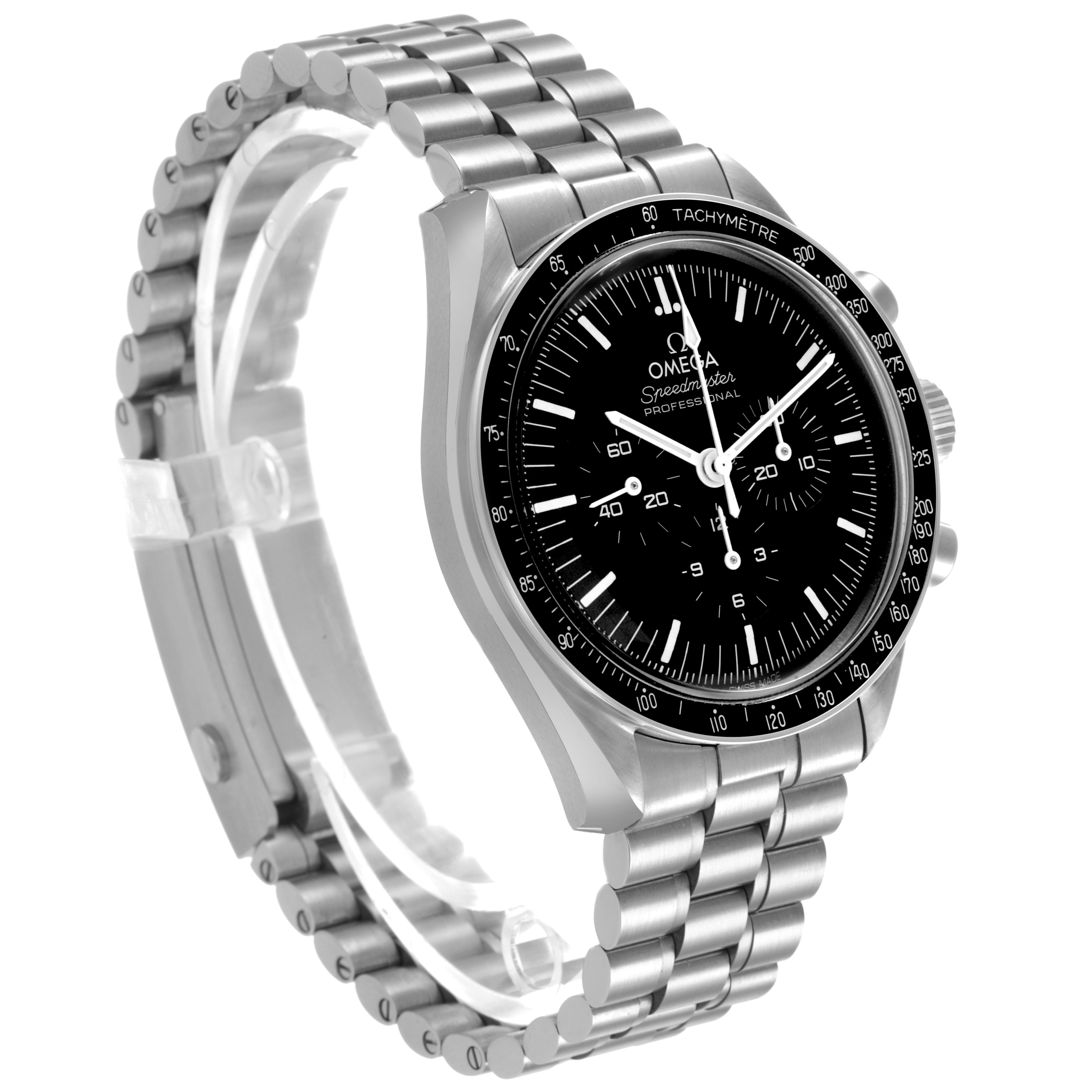 The Omega Speedmaster 310.30.42.50.01.001 Men's Stainless Steel Black Dial watch is shown at a three-quarter angle, highlighting the face, tachymeter bezel, and metal bracelet.