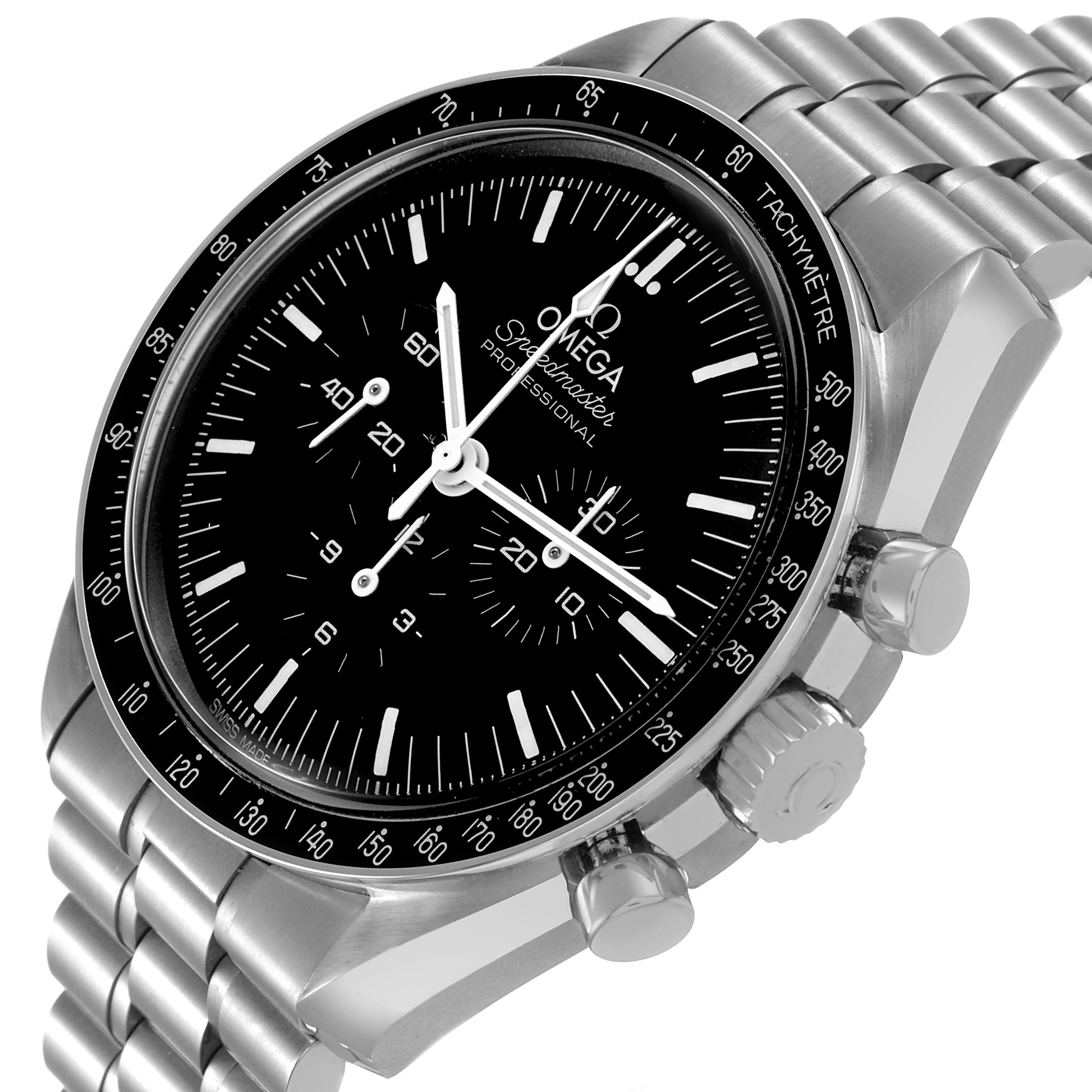The Omega Speedmaster 310.30.42.50.01.001 Men's Stainless Steel Black Dial is shown at an angled close-up, highlighting the dial, bezel, pushers, and part of the bracelet.