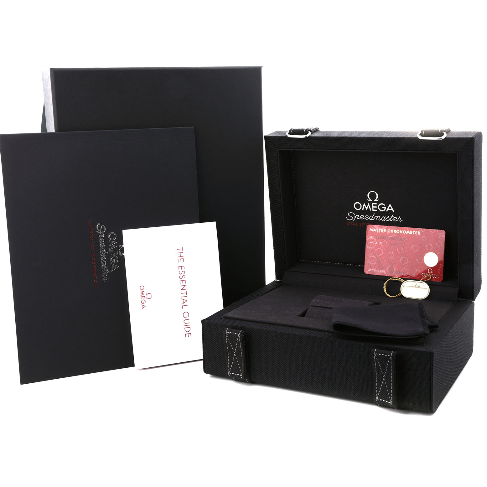 The Omega Speedmaster 310.30.42.50.01.001 Men's Stainless Steel Black Dial packaging is shown at an angle, featuring a box, documents, and a chronometer card.