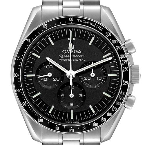 The Omega Speedmaster 310.30.42.50.01.001 Men's Stainless Steel Black Dial model is shown from a front angle, highlighting the dial, bezel, and bracelet.