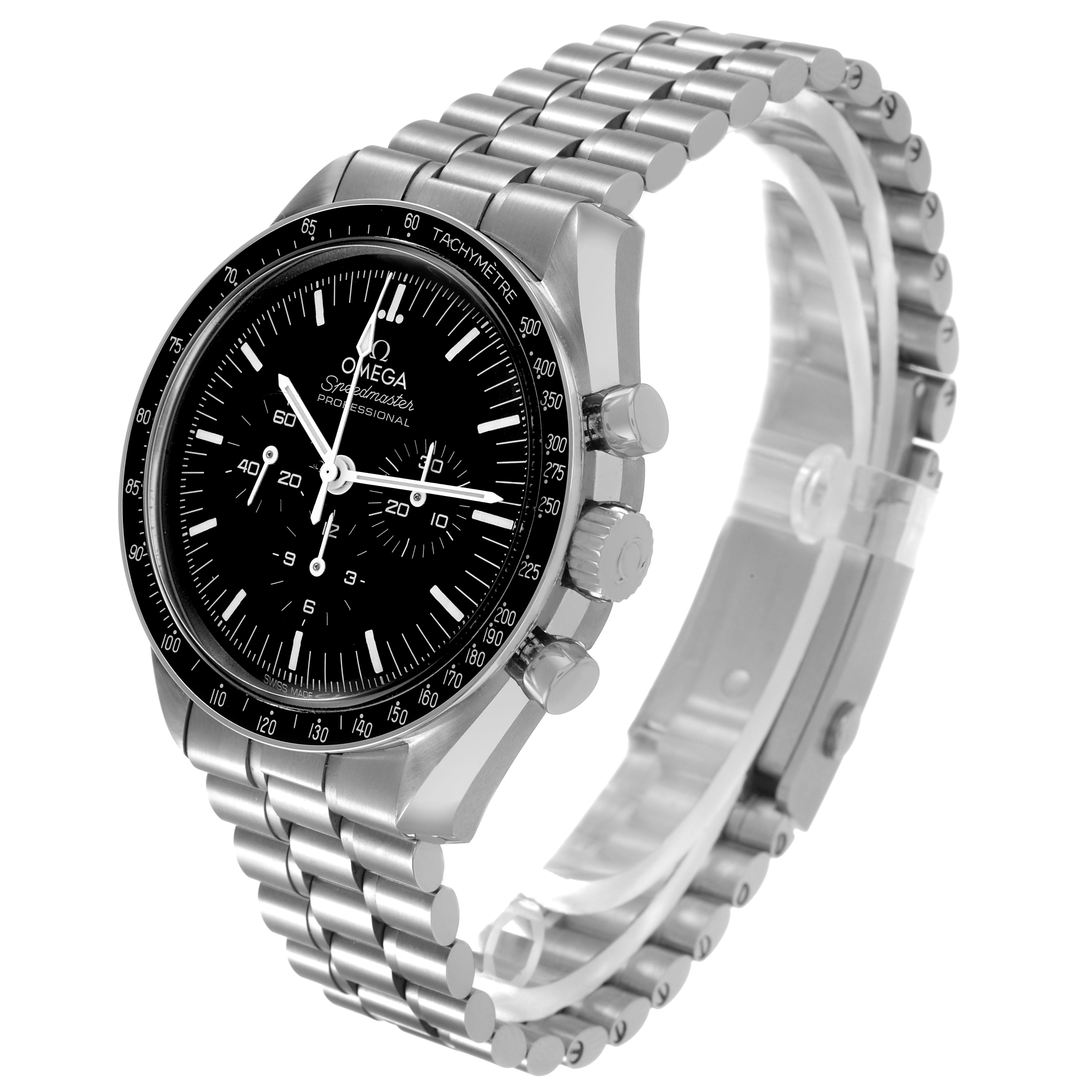 The Omega Speedmaster 310.30.42.50.01.001 Men's Stainless Steel Black Dial is shown at a three-quarter angle, highlighting the face, bezel, crown, pushers, and metal bracelet.
