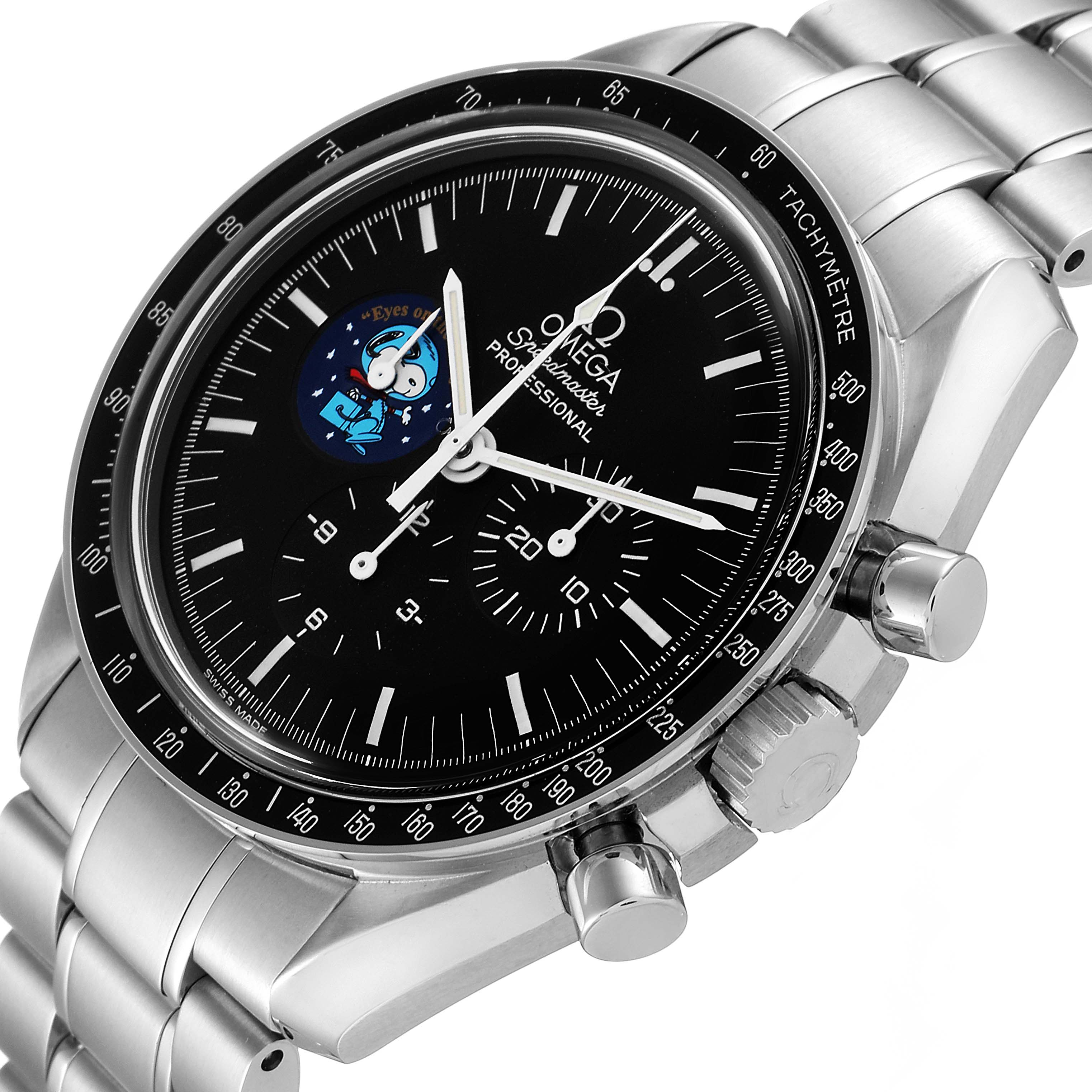 The Omega Speedmaster 3578.51.00 Men's Stainless Steel Black Dial 3578.51.00 Men's Stainless Steel Black Dial watch is shown at a slightly tilted angle, highlighting the dial, bezel, pushers, and bracelet.
