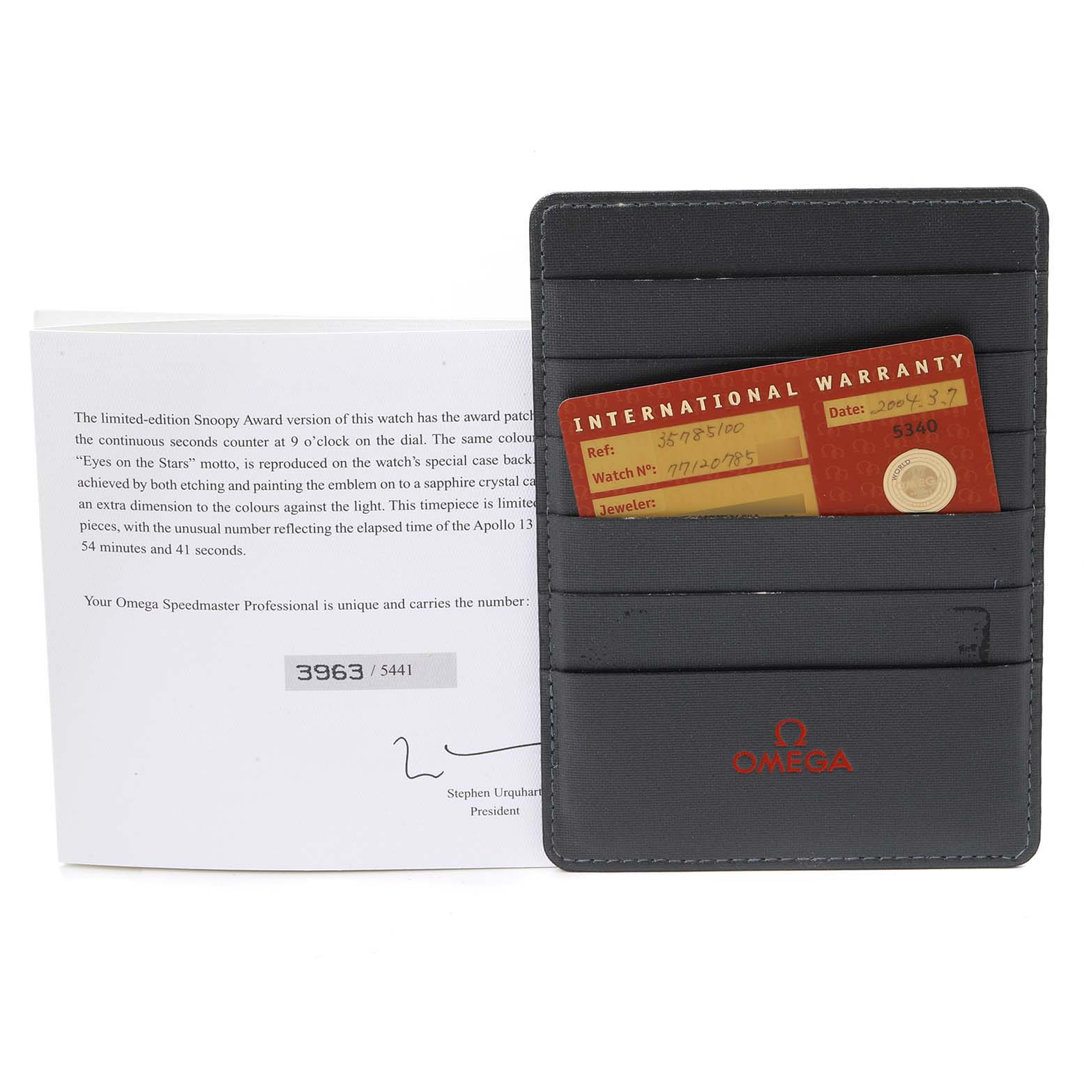 The image shows the international warranty card and documentation holder for the Omega Speedmaster 3578.51.00 Men's Stainless Steel Black Dial 3578.51.00 Men's Stainless Steel Black Dial model.