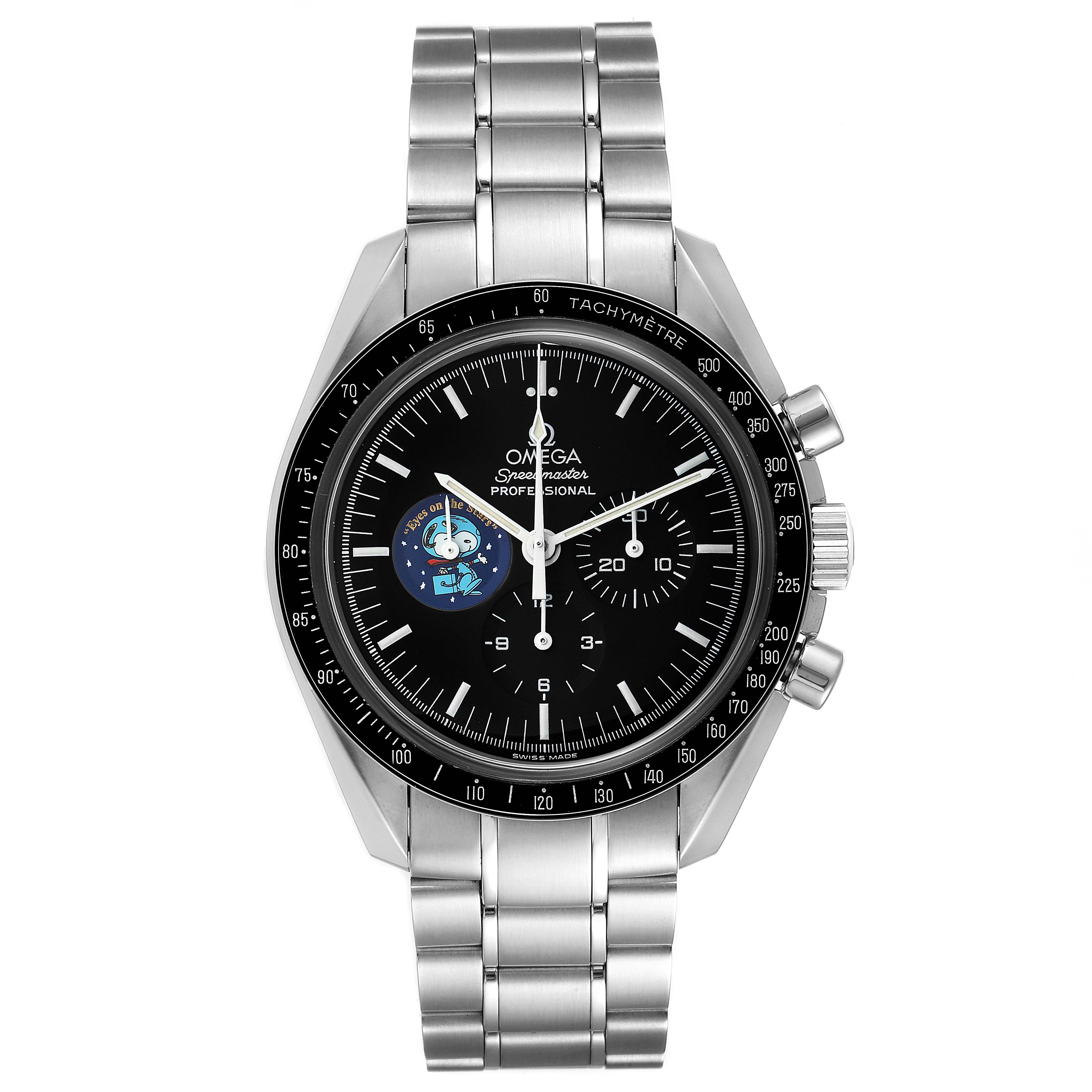 The Omega Speedmaster 3578.51.00 Men's Stainless Steel Black Dial 3578.51.00 Men's Stainless Steel Black Dial watch is shown from a direct front angle, displaying its dial, bezel, and metal bracelet.