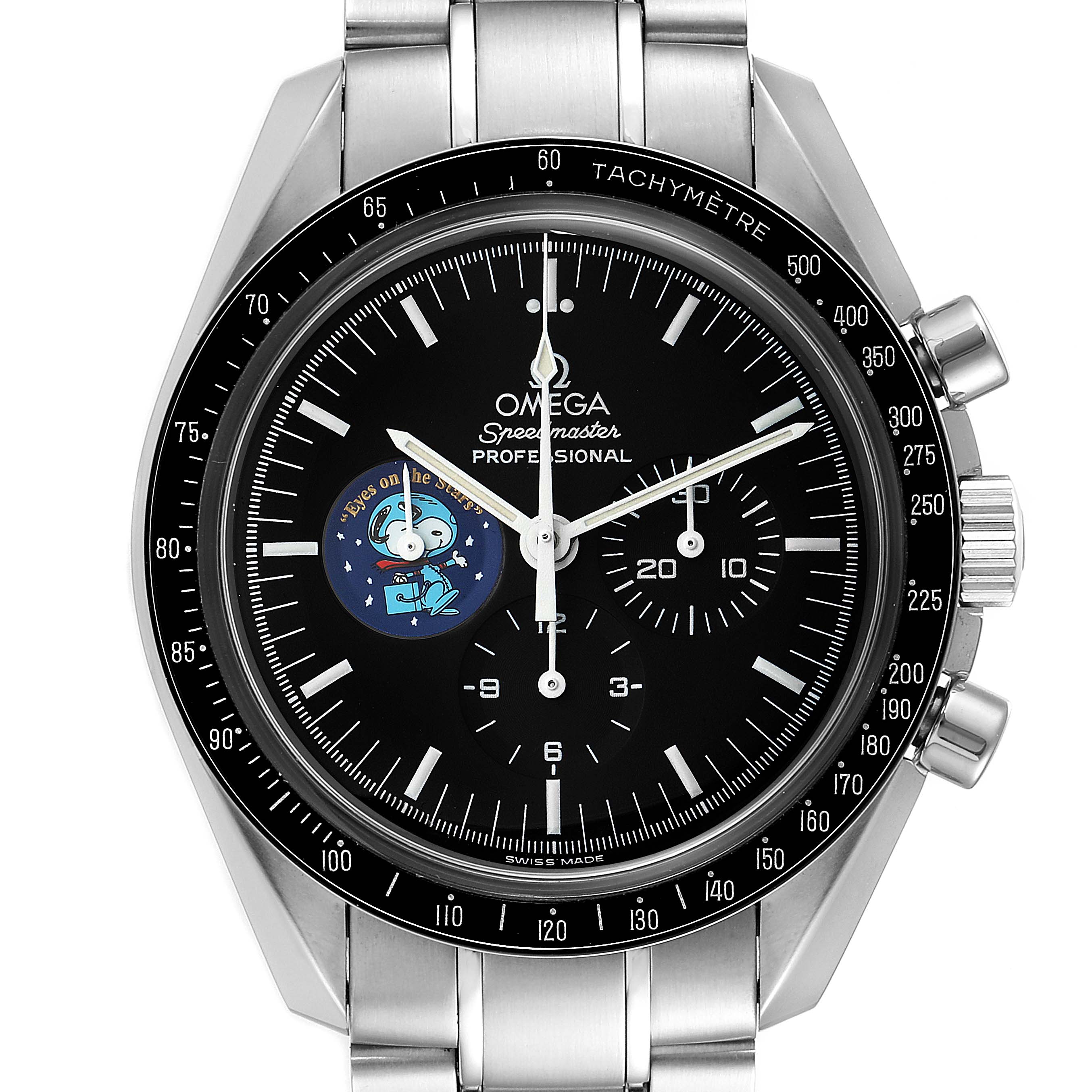 The image shows a front view of the Omega Speedmaster 3578.51.00 Men's Stainless Steel Black Dial 3578.51.00 Men's Stainless Steel Black Dial watch, highlighting its dial, hands, subdials, and tachymeter bezel.
