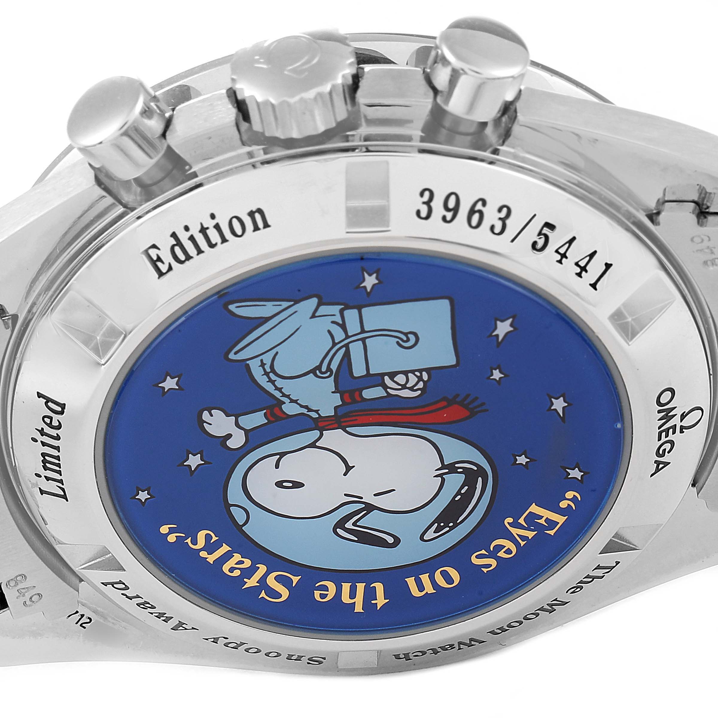 The image shows the case back of an Omega Speedmaster 3578.51.00 Men's Stainless Steel Black Dial 3578.51.00 Men's Stainless Steel Black Dial, highlighting a limited edition number and a Snoopy-themed design.