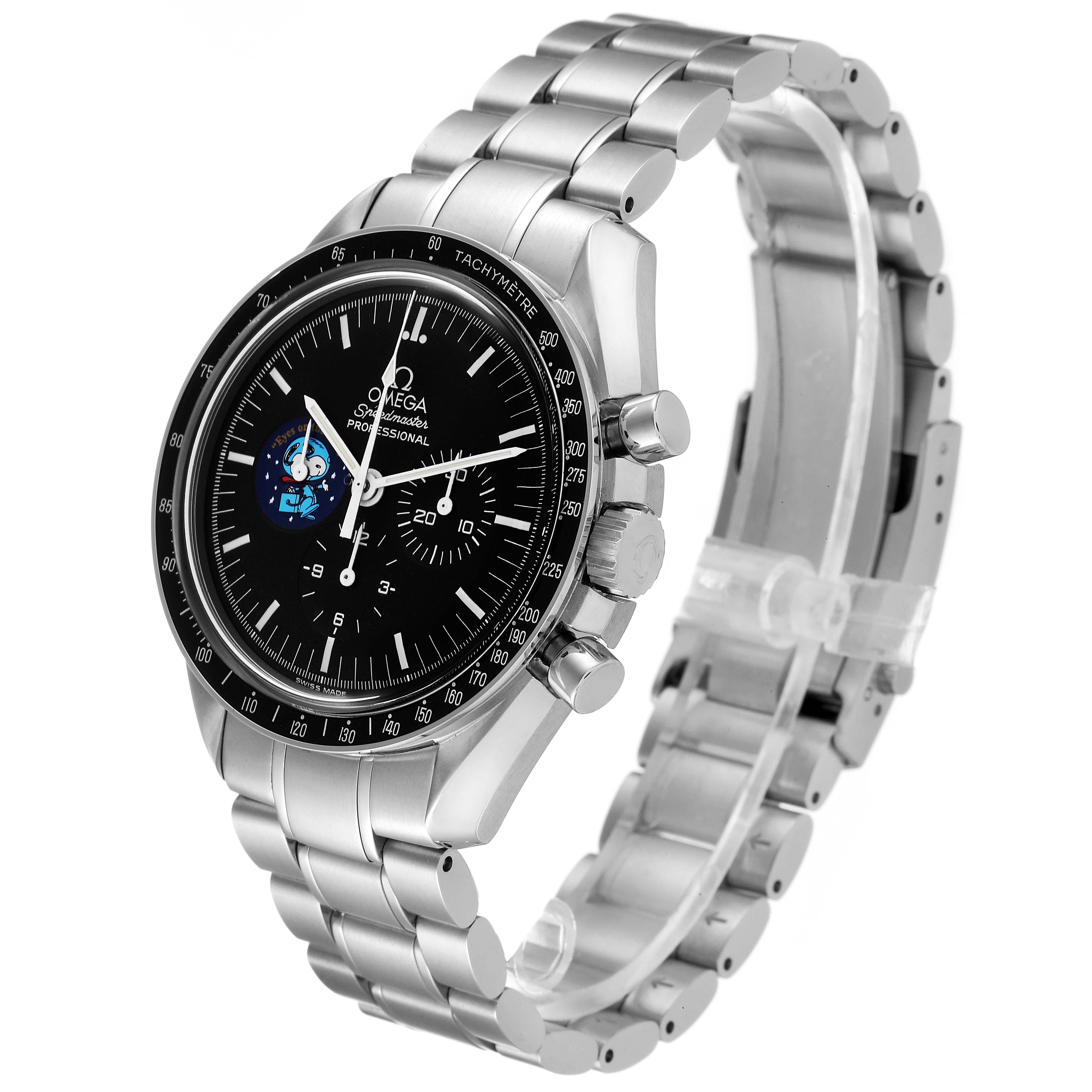 The Omega Speedmaster 3578.51.00 Men's Stainless Steel Black Dial 3578.51.00 Men's Stainless Steel Black Dial watch is shown at an angle displaying the face, bezel, crown, pushers, and the stainless steel bracelet.