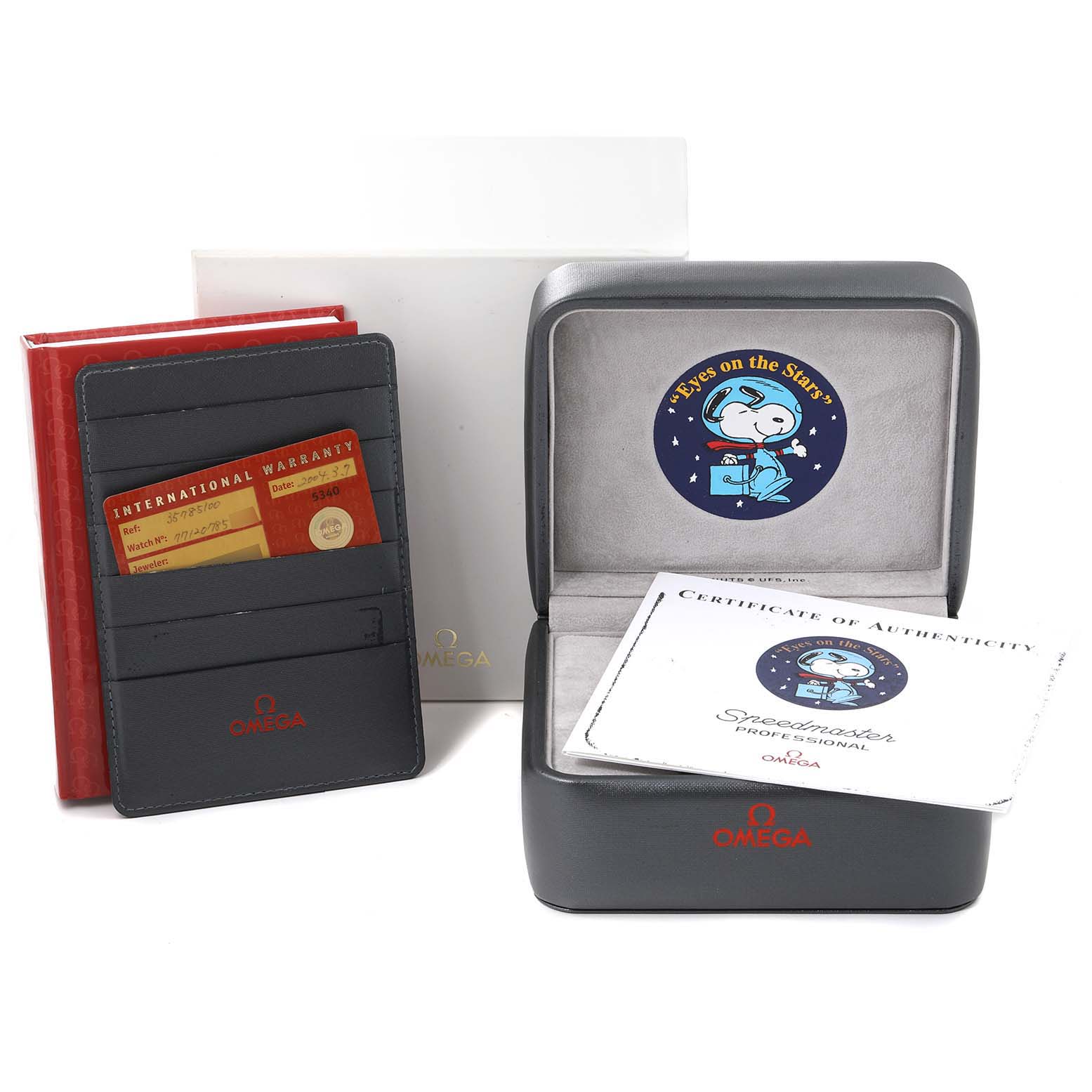 The image shows an Omega Speedmaster 3578.51.00 Men's Stainless Steel Black Dial 3578.51.00 Men's Stainless Steel Black Dial watch box, warranty card, and a certificate of authenticity at an angle.