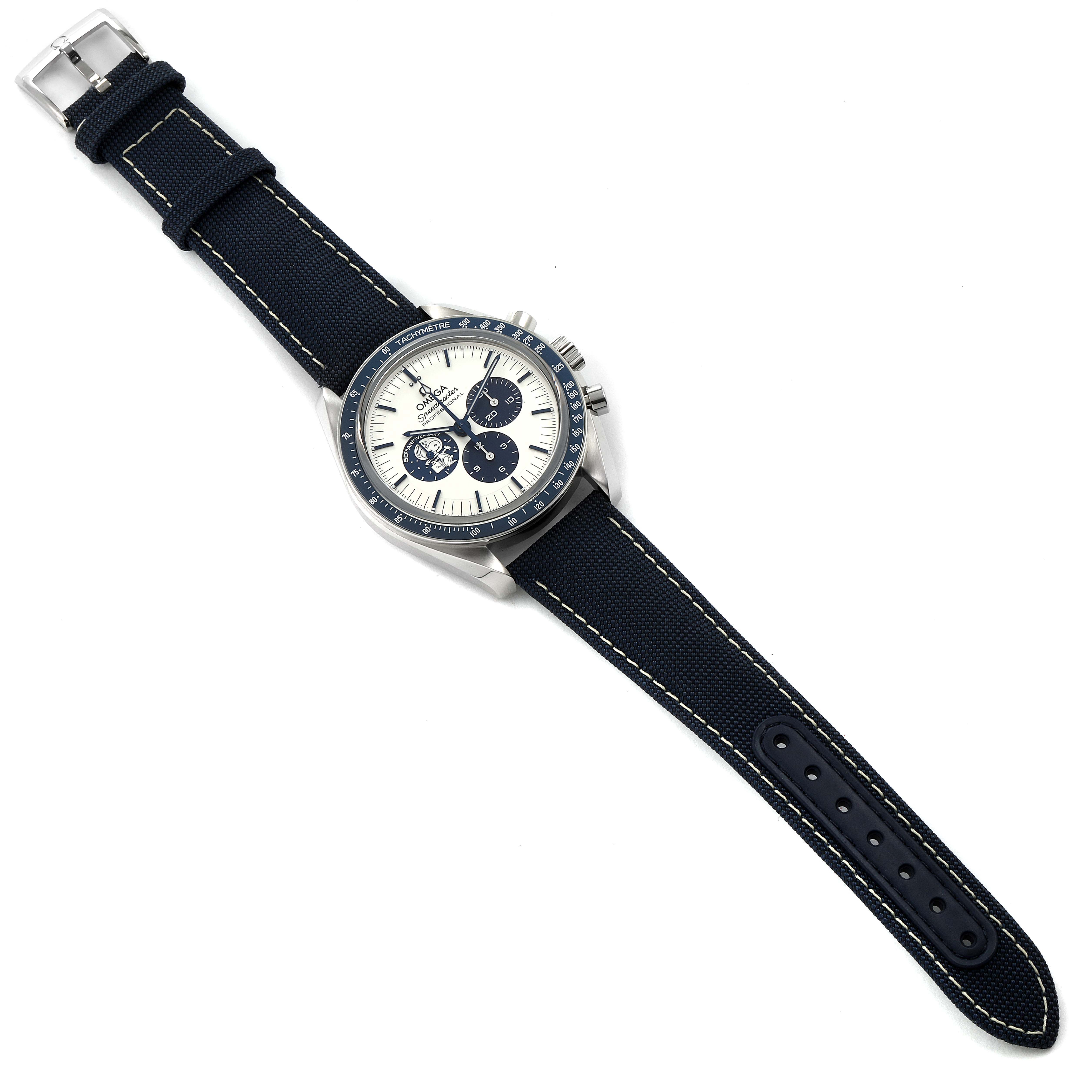 The image shows an angled view of the Omega Speedmaster 310.32.42.50.02.001 Men's Stainless Steel Silver Dial 310.32.42.50.02.001 Men's Stainless Steel Silver Dial watch, displaying the dial, tachymeter bezel, strap, and buckle.