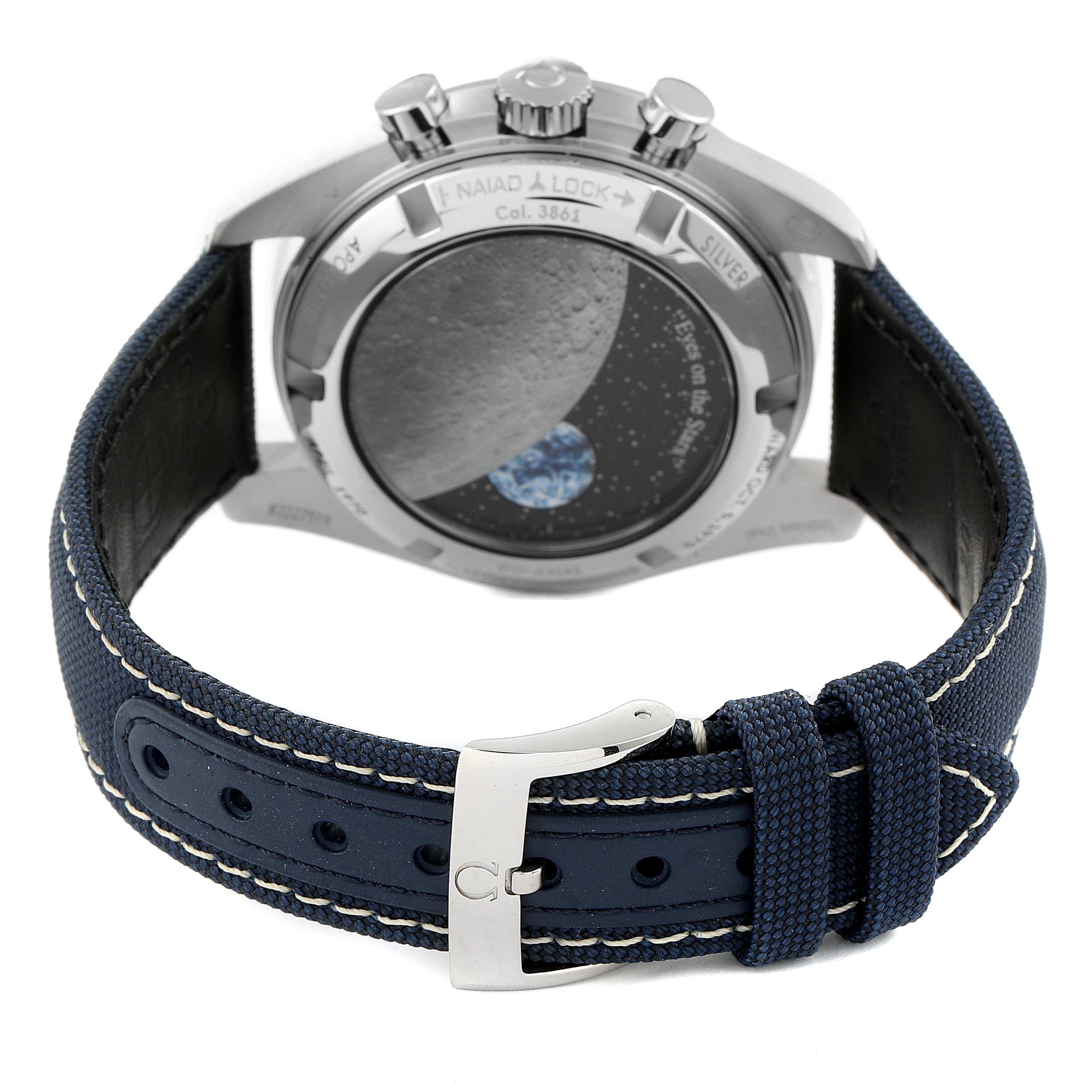 This image shows the back view of an Omega Speedmaster 310.32.42.50.02.001 Men's Stainless Steel Silver Dial 310.32.42.50.02.001 Men's Stainless Steel Silver Dial watch, highlighting its strap and case back with an earth and moon design.