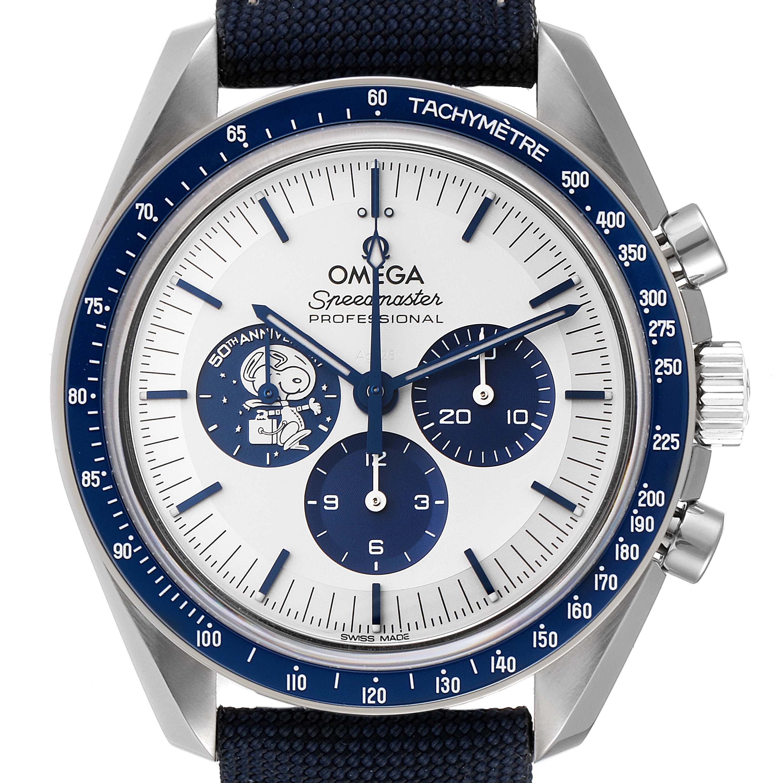 This image shows a front view of an Omega Speedmaster 310.32.42.50.02.001 Men's Stainless Steel Silver Dial 310.32.42.50.02.001 Men's Stainless Steel Silver Dial watch, displaying its dial, bezel, and pushers.
