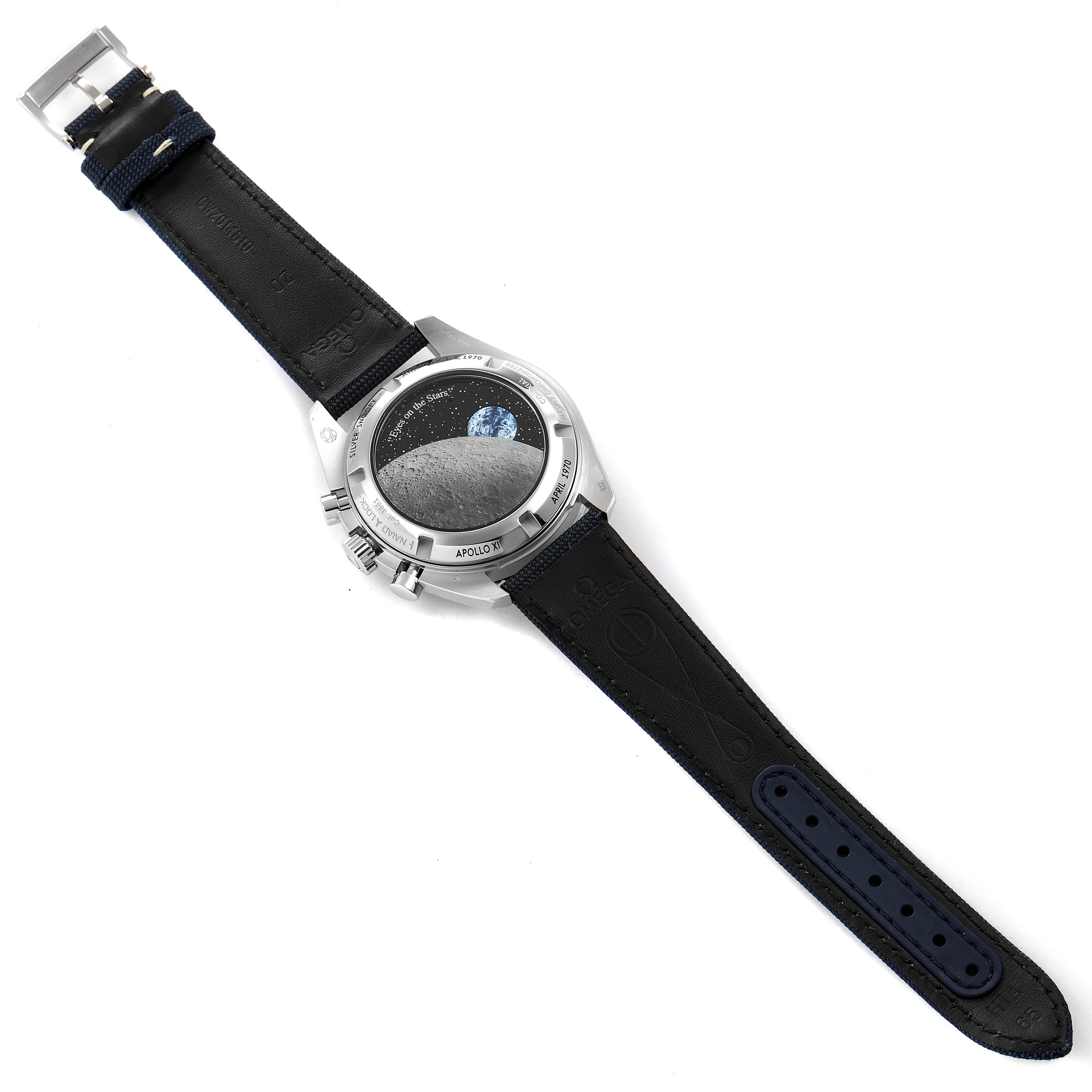 The Omega Speedmaster 310.32.42.50.02.001 Men's Stainless Steel Silver Dial 310.32.42.50.02.001 Men's Stainless Steel Silver Dial watch is shown from the back, displaying the case back design and the leather strap.