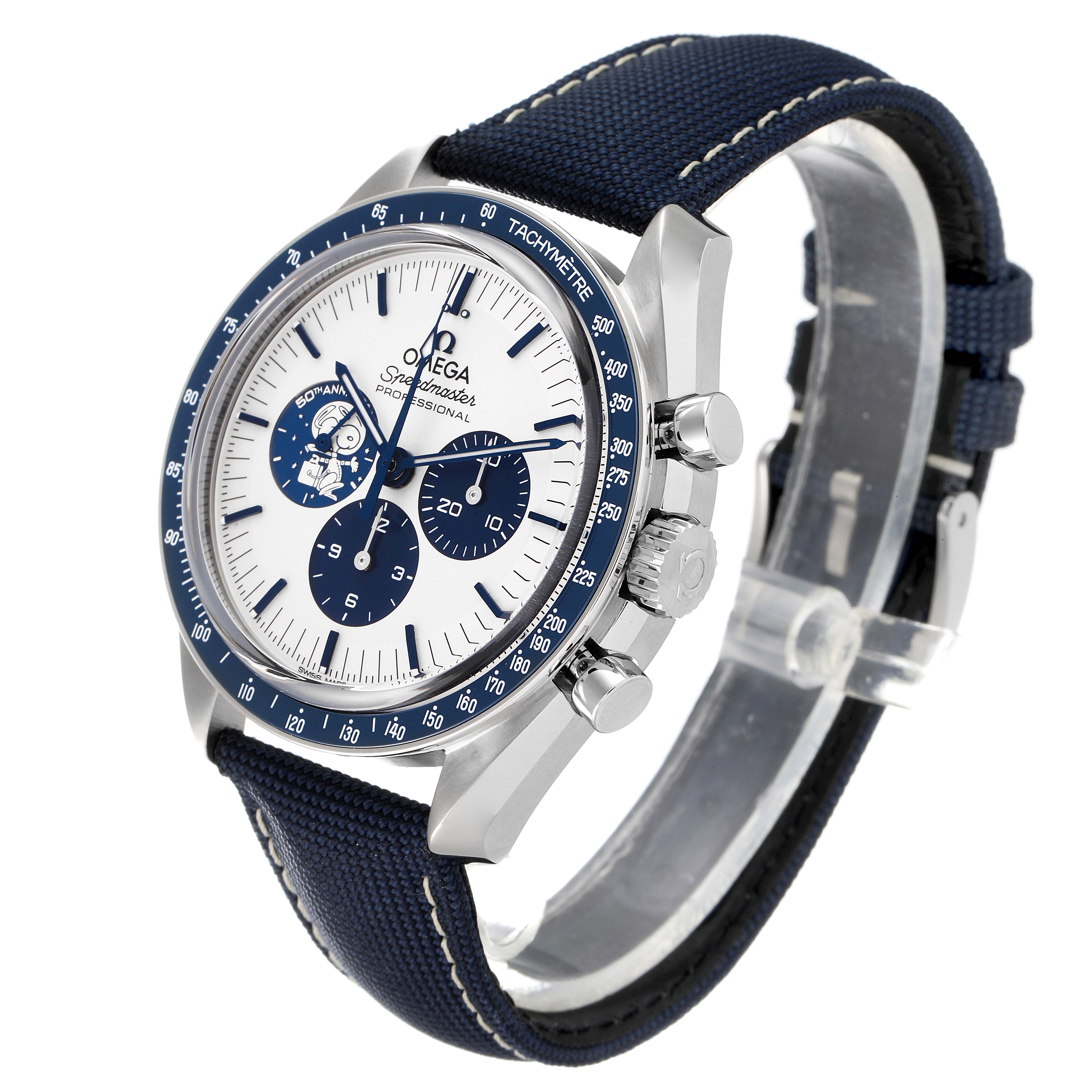 The image shows an Omega Speedmaster 310.32.42.50.02.001 Men's Stainless Steel Silver Dial 310.32.42.50.02.001 Men's Stainless Steel Silver Dial watch at a three-quarter angle, highlighting the face, bezel, pushers, and strap.