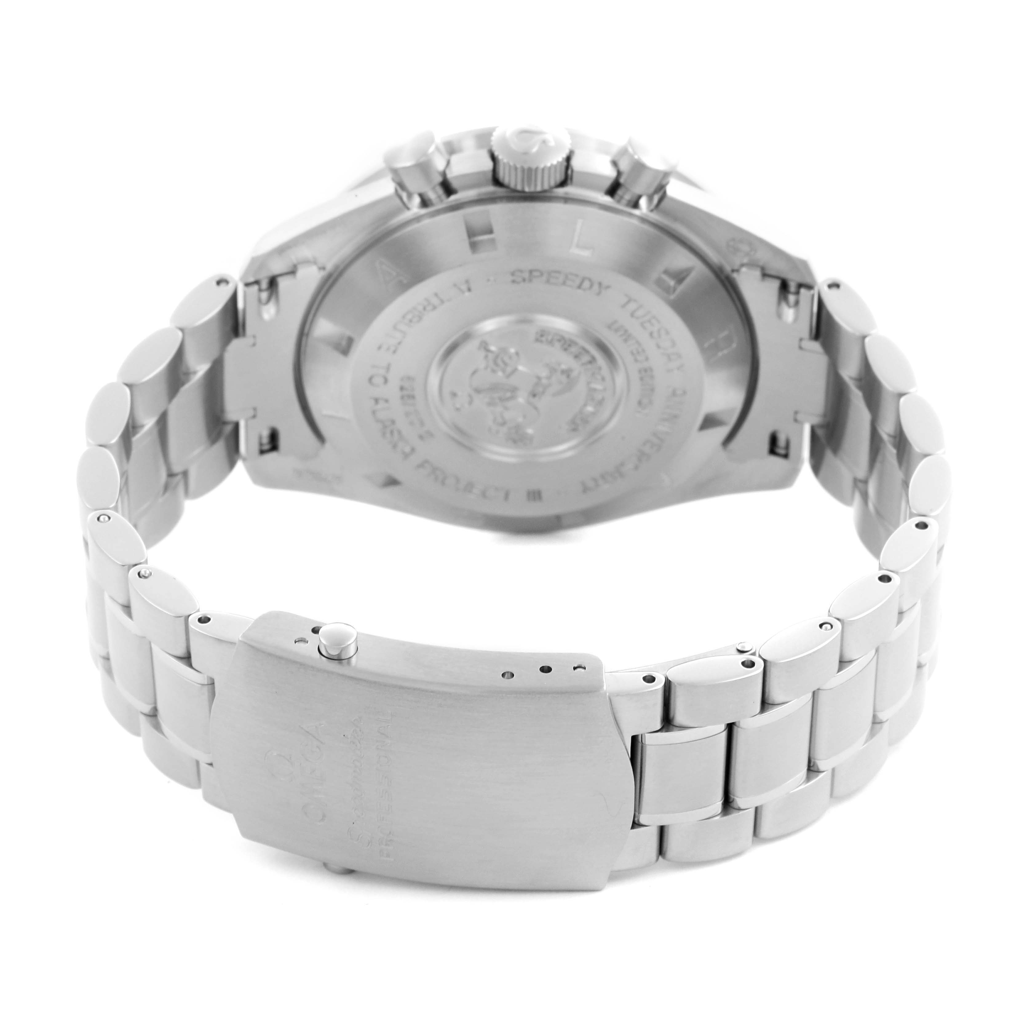 The image shows the back case and bracelet of the Omega Speedmaster 311.32.42.30.01.001 Men
s Stainless Steel Black Dial 311.32.42.30.01.001 Men
s Stainless Steel Black Dial at an angle highlighting its clasp and engraved details.