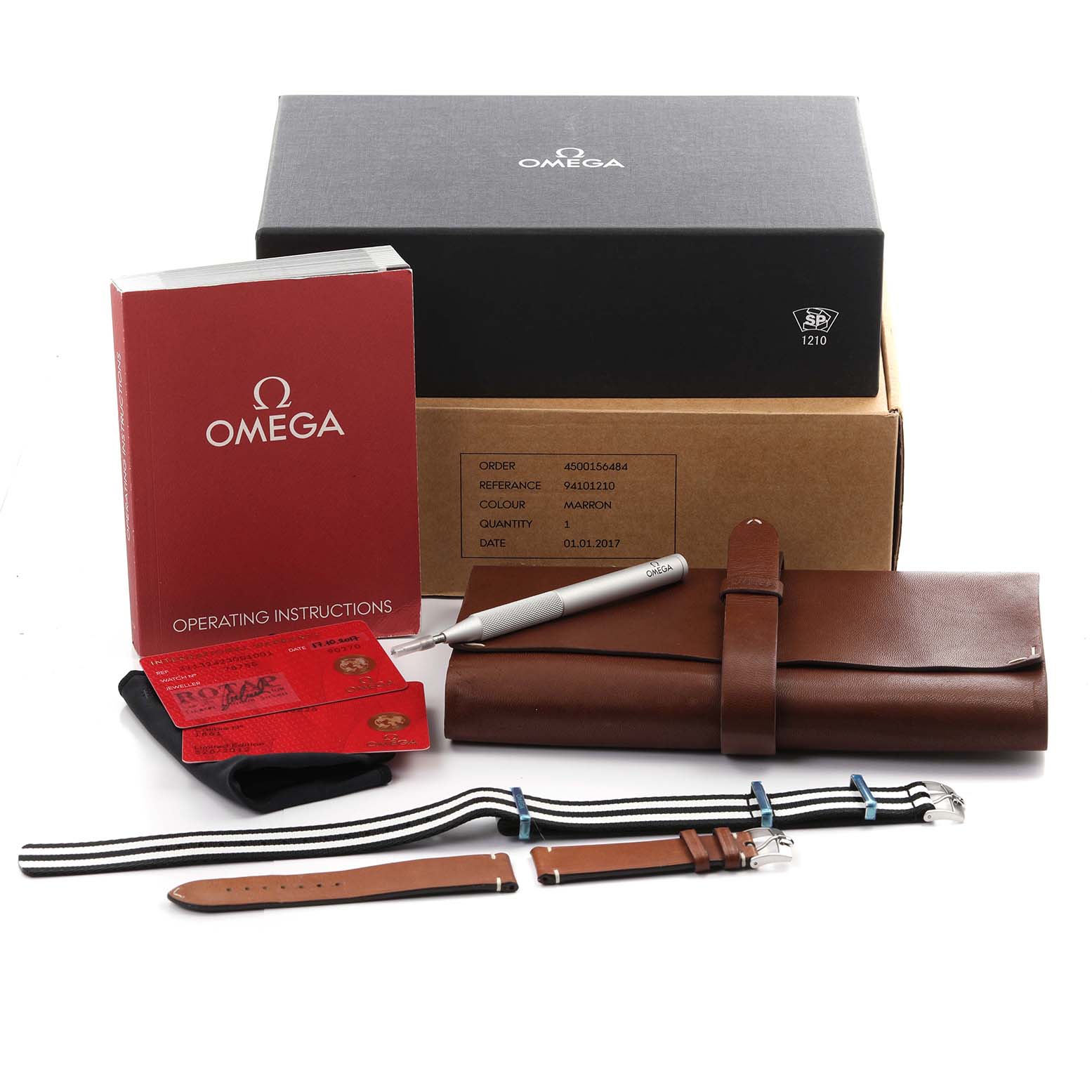 The image shows Omega Speedmaster 311.32.42.30.01.001 Men
s Stainless Steel Black Dial 311.32.42.30.01.001 Men
s Stainless Steel Black Dial accessories, including straps, boxes, a brown leather pouch, a manual, and a tool.