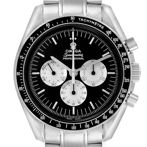 The Omega Speedmaster watch is shown from a front angle, highlighting the face, sub-dials, and tachymeter bezel.