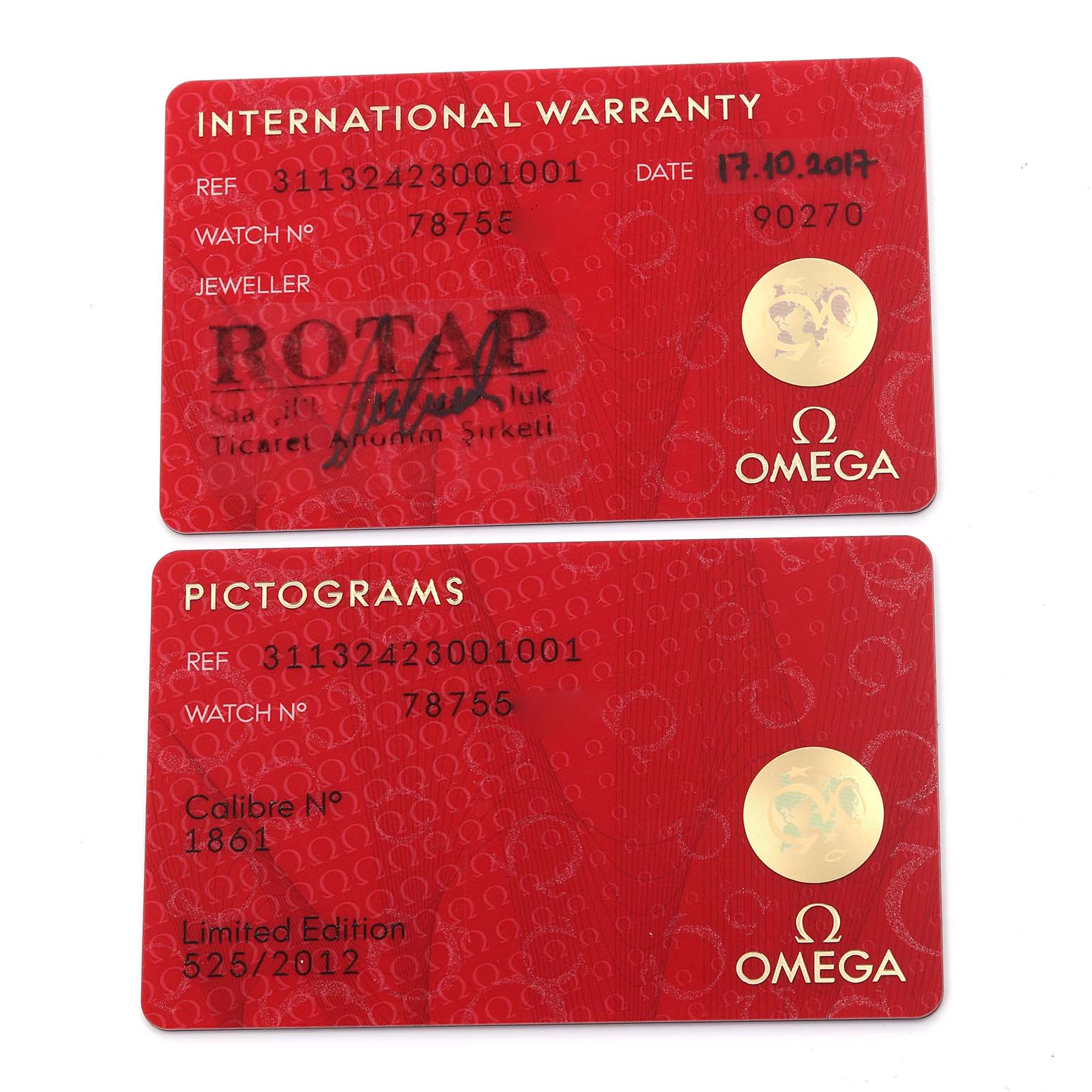 The image shows two Omega Speedmaster 311.32.42.30.01.001 Men
s Stainless Steel Black Dial 311.32.42.30.01.001 Men
s Stainless Steel Black Dial cards: an International Warranty card and a Pictograms card.