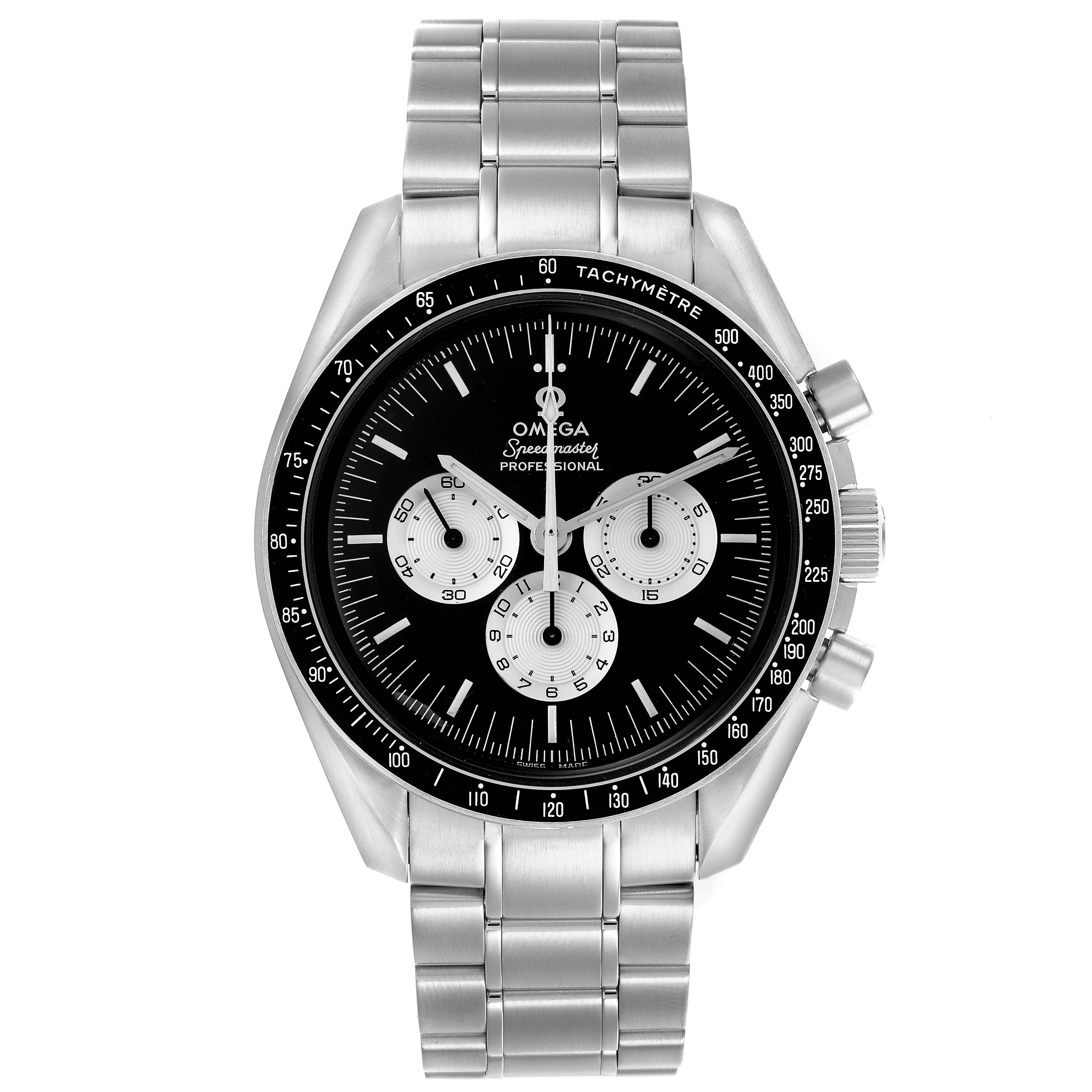 The Omega Speedmaster 311.32.42.30.01.001 Men
s Stainless Steel Black Dial 311.32.42.30.01.001 Men
s Stainless Steel Black Dial watch is shown from the front, displaying its face, bezel, and stainless steel bracelet.