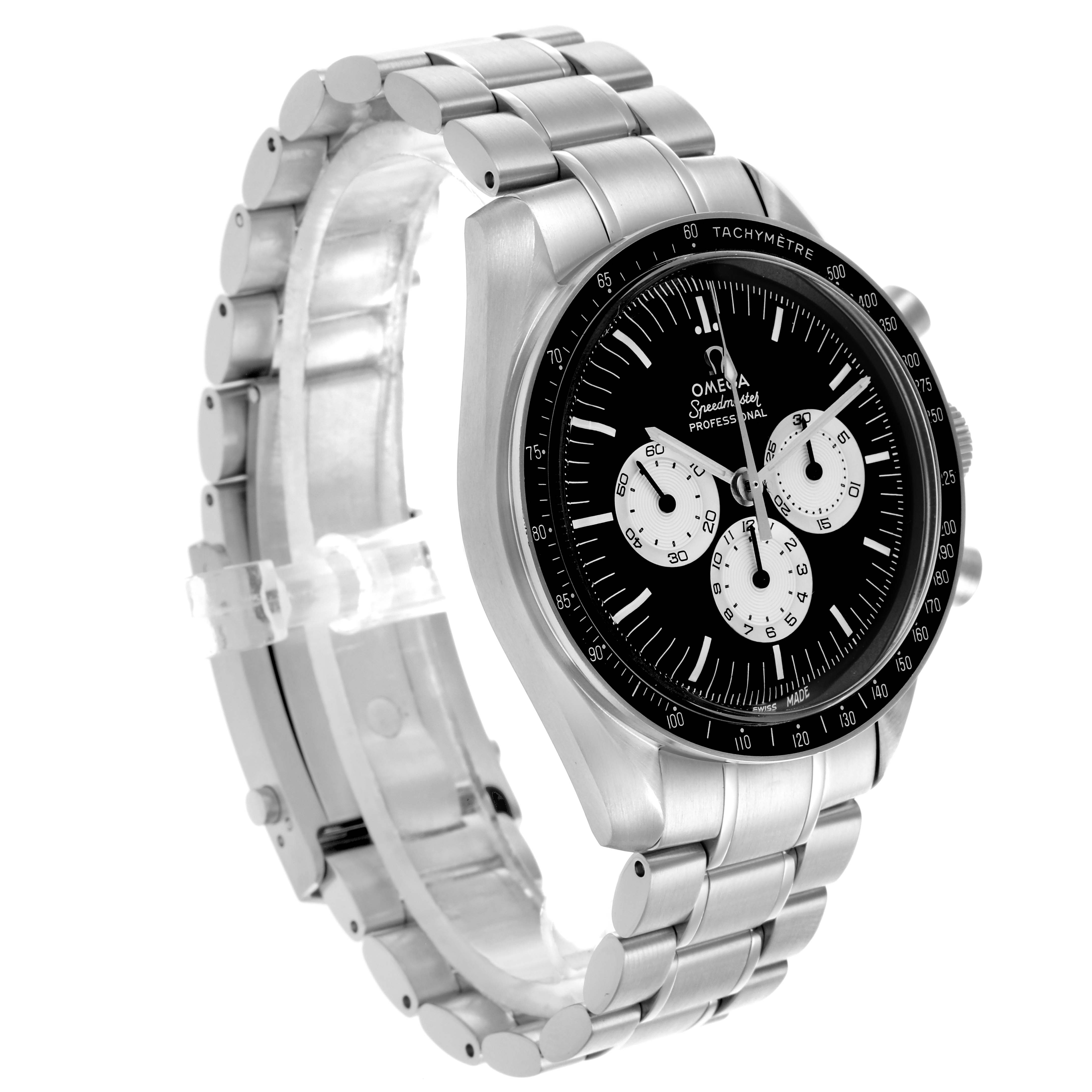 The Omega Speedmaster 311.32.42.30.01.001 Men
s Stainless Steel Black Dial 311.32.42.30.01.001 Men
s Stainless Steel Black Dial watch is shown from a front-side angle, highlighting the face, bezel, and bracelet.