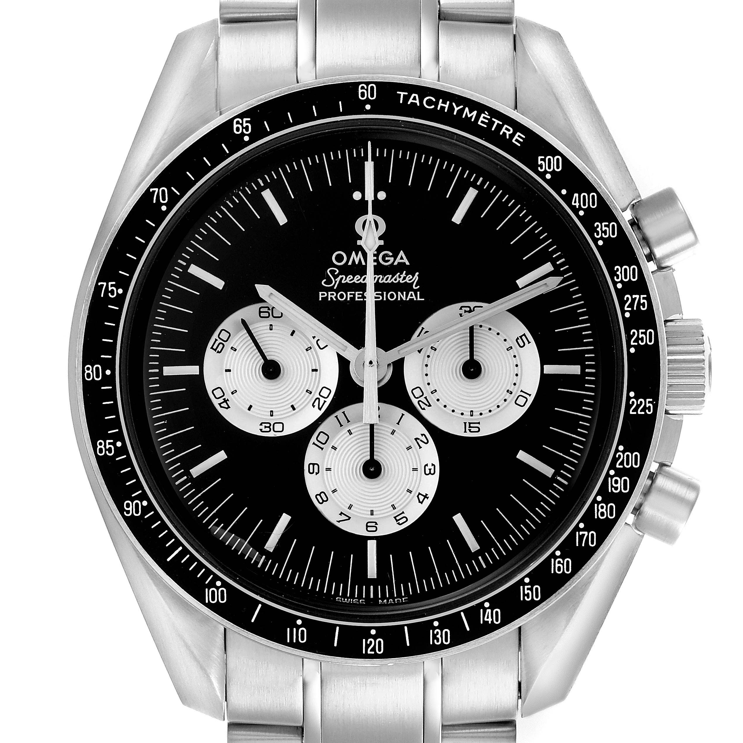 The Omega Speedmaster 311.32.42.30.01.001 Men
s Stainless Steel Black Dial 311.32.42.30.01.001 Men
s Stainless Steel Black Dial is shown from a front angle, highlighting the black dial, tachymeter bezel, and subdials.