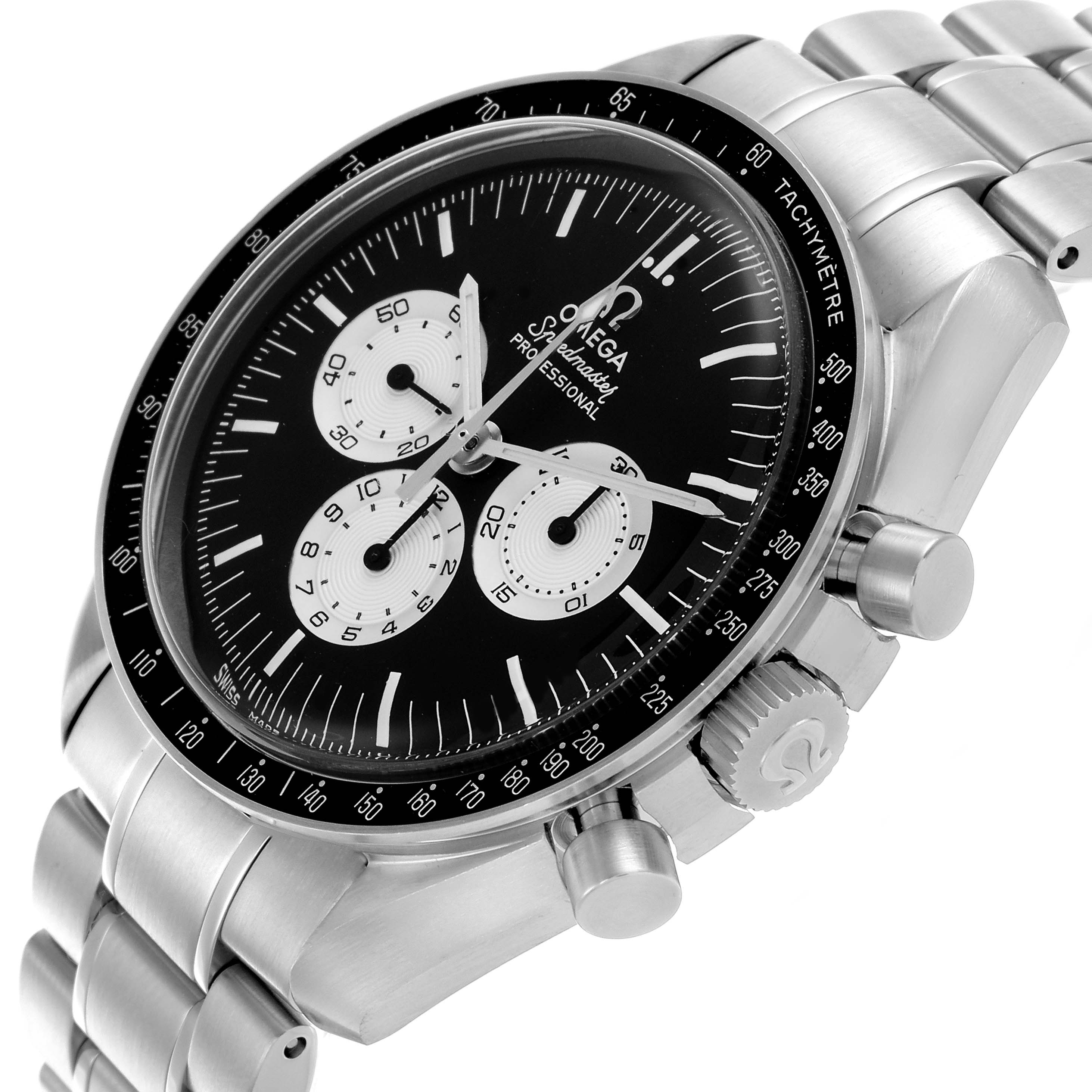 The Omega Speedmaster 311.32.42.30.01.001 Men
s Stainless Steel Black Dial 311.32.42.30.01.001 Men
s Stainless Steel Black Dial watch is shown at an angled side view, highlighting the crown, pushers, and bracelet.