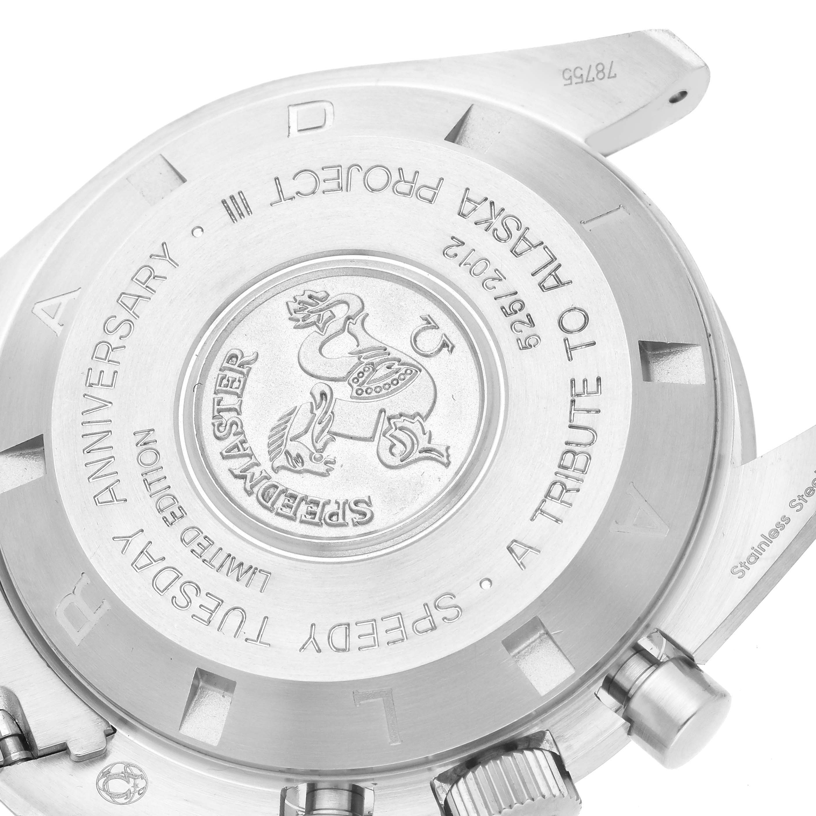 The image shows the case back of an Omega Speedmaster 311.32.42.30.01.001 Men
s Stainless Steel Black Dial 311.32.42.30.01.001 Men
s Stainless Steel Black Dial, featuring engraved details and logos.