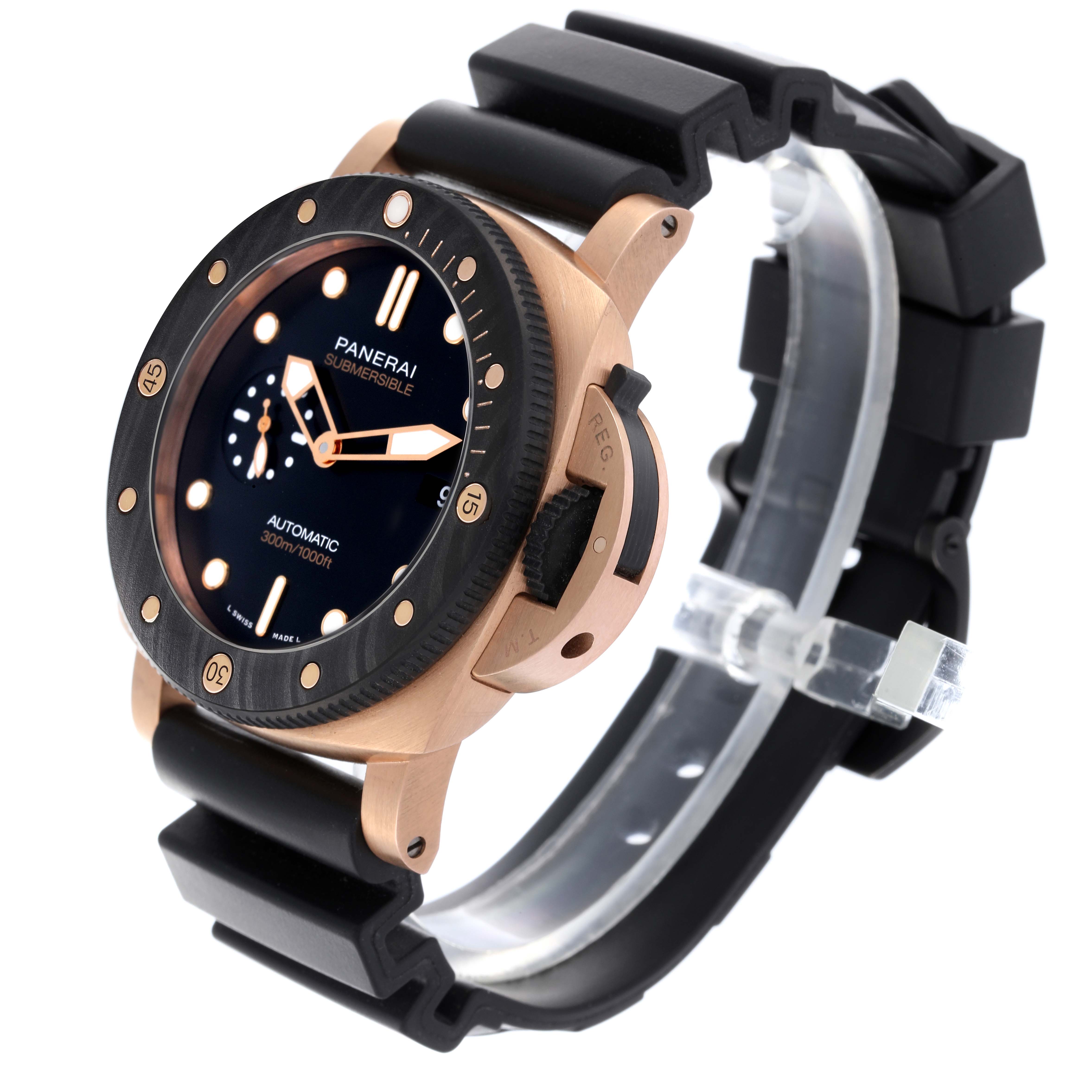 The Panerai Submersible PAM01070 Men's Rose Gold Black Dial PAM01070 Men's Rose Gold Black Dial watch is shown from a front angle, displaying the face, bezel, crown guard, and black strap.